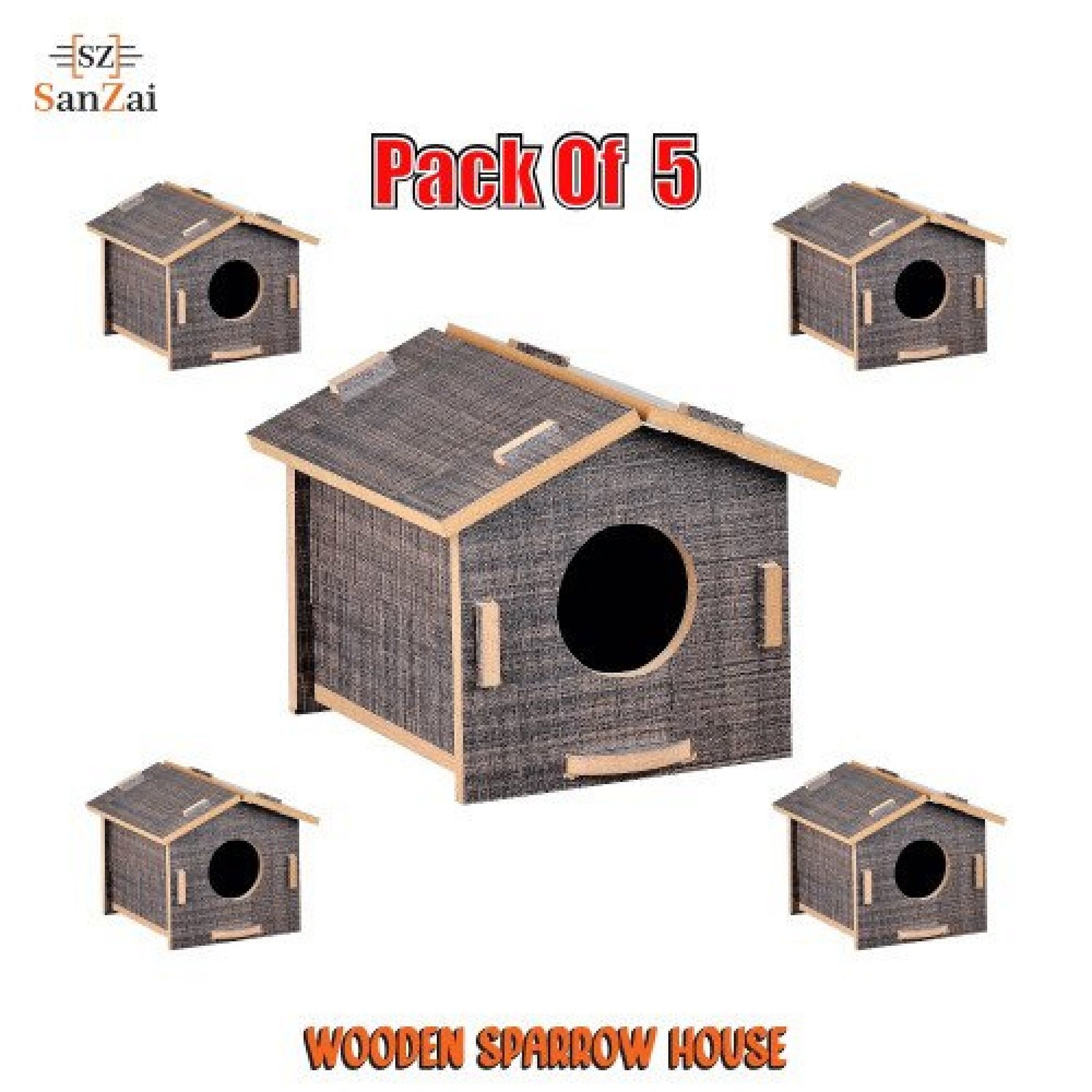 5 Pcs Premium Wooden Bird Cage For Sparrow And Other Birds Wall Mounted Grey