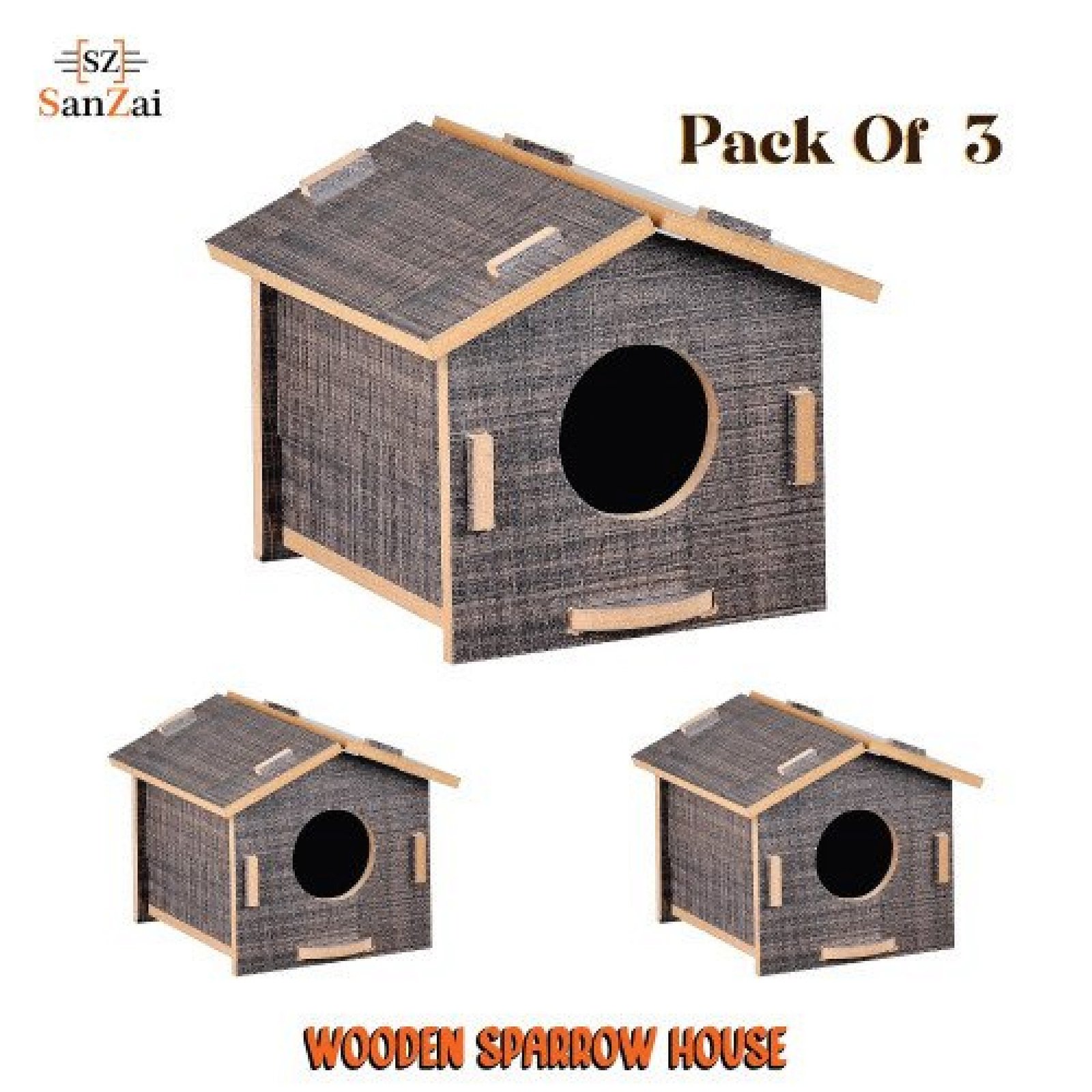 3 Pcs Premium Wooden Bird Cage For Sparrow And Other Birds Wall Mounted Grey