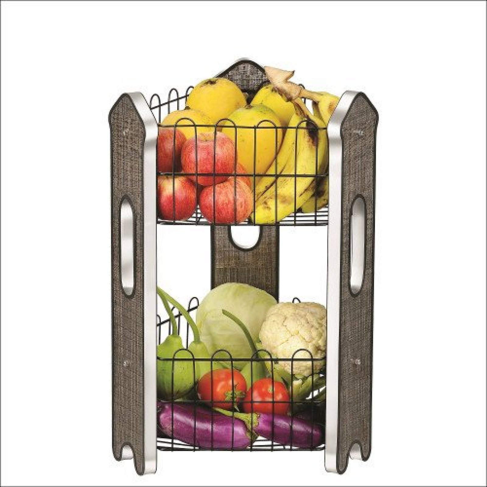 2 Tier Fruit Basket | Vegetable Stand | Premium Laminated Wood Board With Matte Black Wire - Stylish Organizer for Fresh Produce