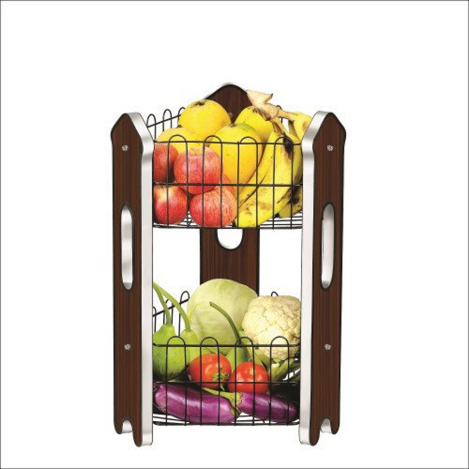 2 Tier Fruit Basket | Vegetable Stand | Premium Laminated Wood Board With Matte Black Wire - Stylish Organizer for Fresh Produce