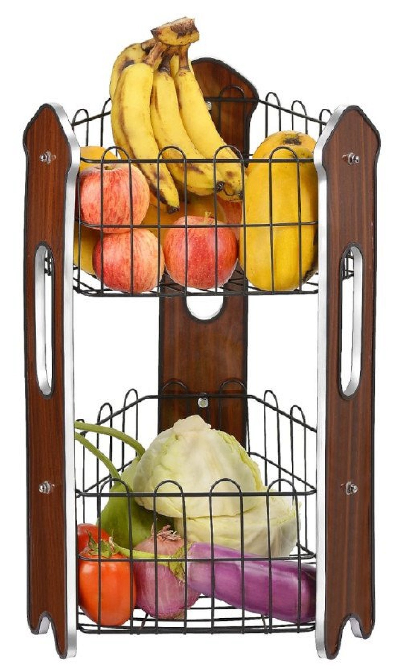 2 Tier Fruit Basket | Vegetable Stand | Premium Laminated Wood Board With Matte Black Wire - Stylish Organizer for Fresh Produce