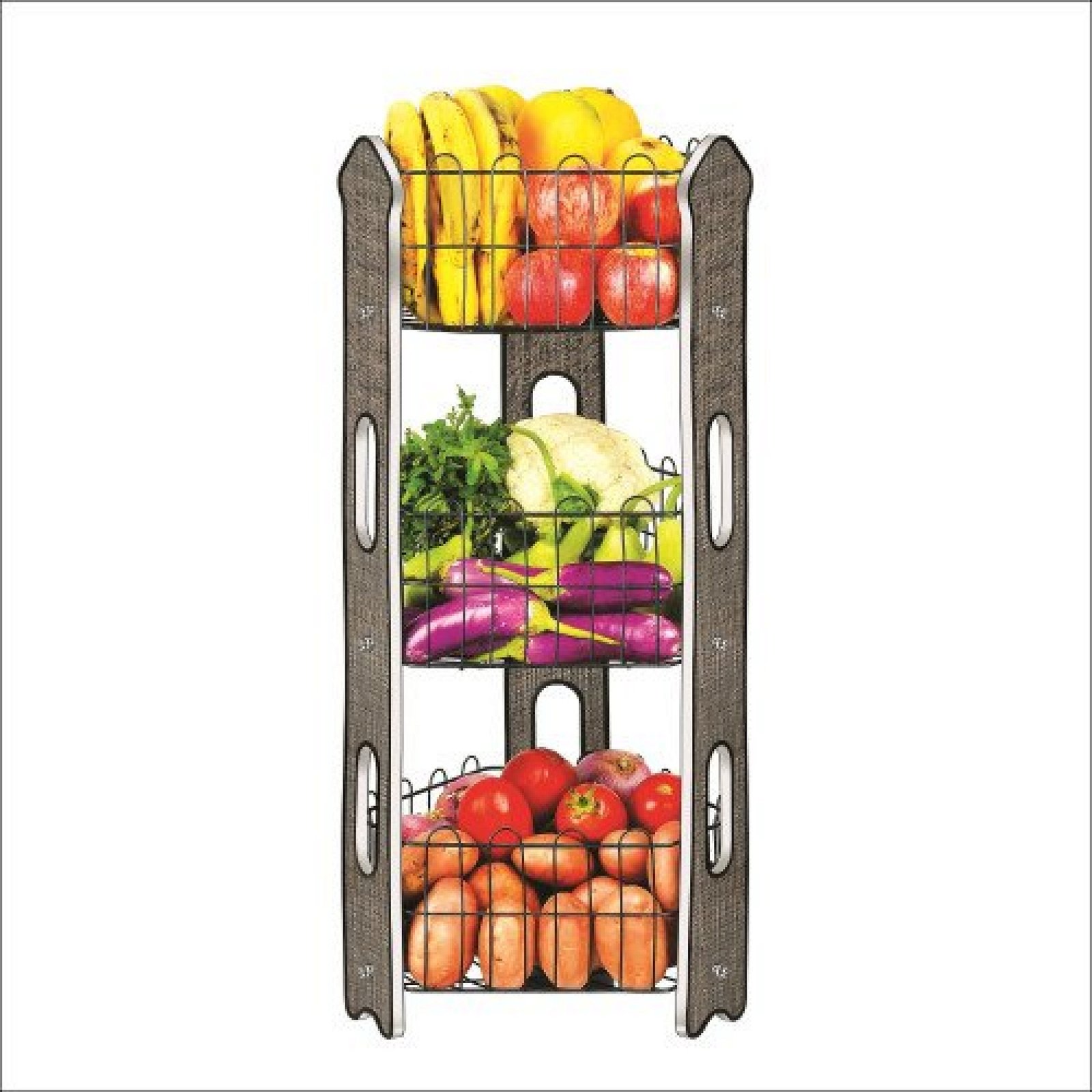 3 Tier Fruit Basket | Vegetable Stand | Premium Laminated Wood Board With Matte Black Wire - Stylish Organizer for Fresh Produce