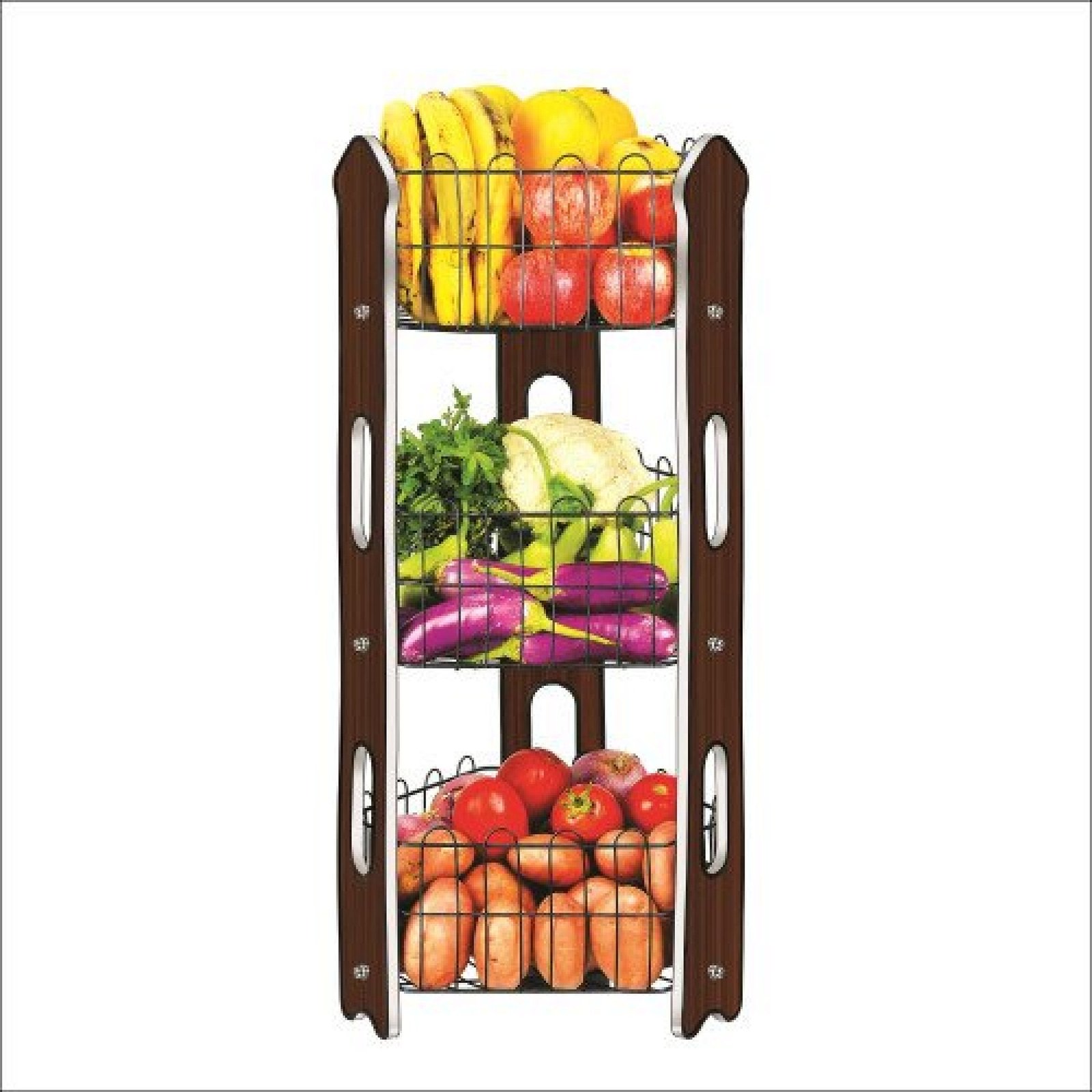 3 Tier Fruit Basket | Vegetable Stand | Premium Laminated Wood Board With Matte Black Wire - Stylish Organizer for Fresh Produce