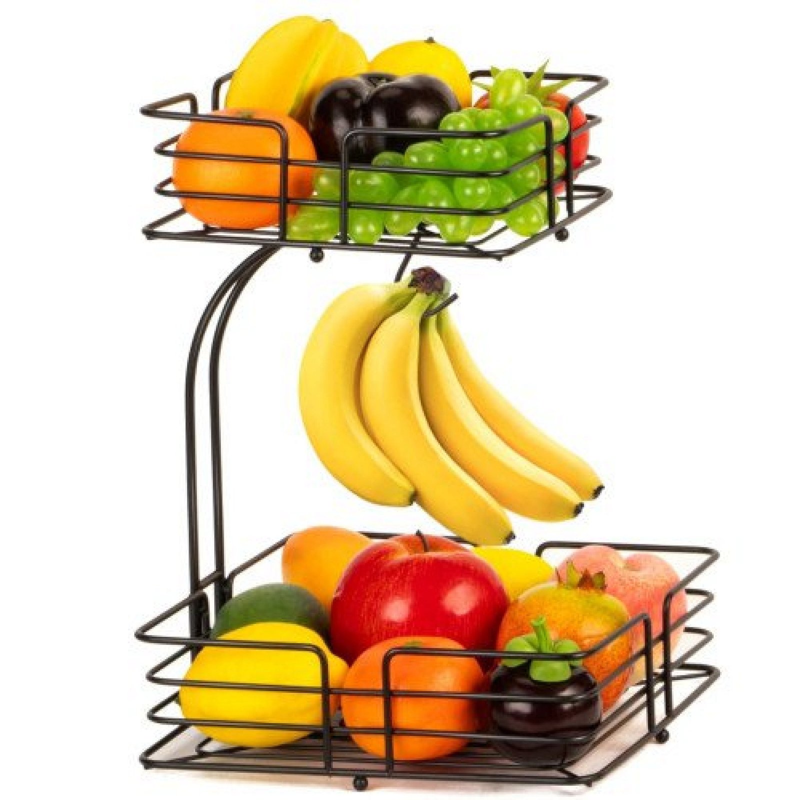 2-Tier Square Fruit Basket | Countertop Detachable Fruit Vegetables Bowl Storage With Banana Hanger