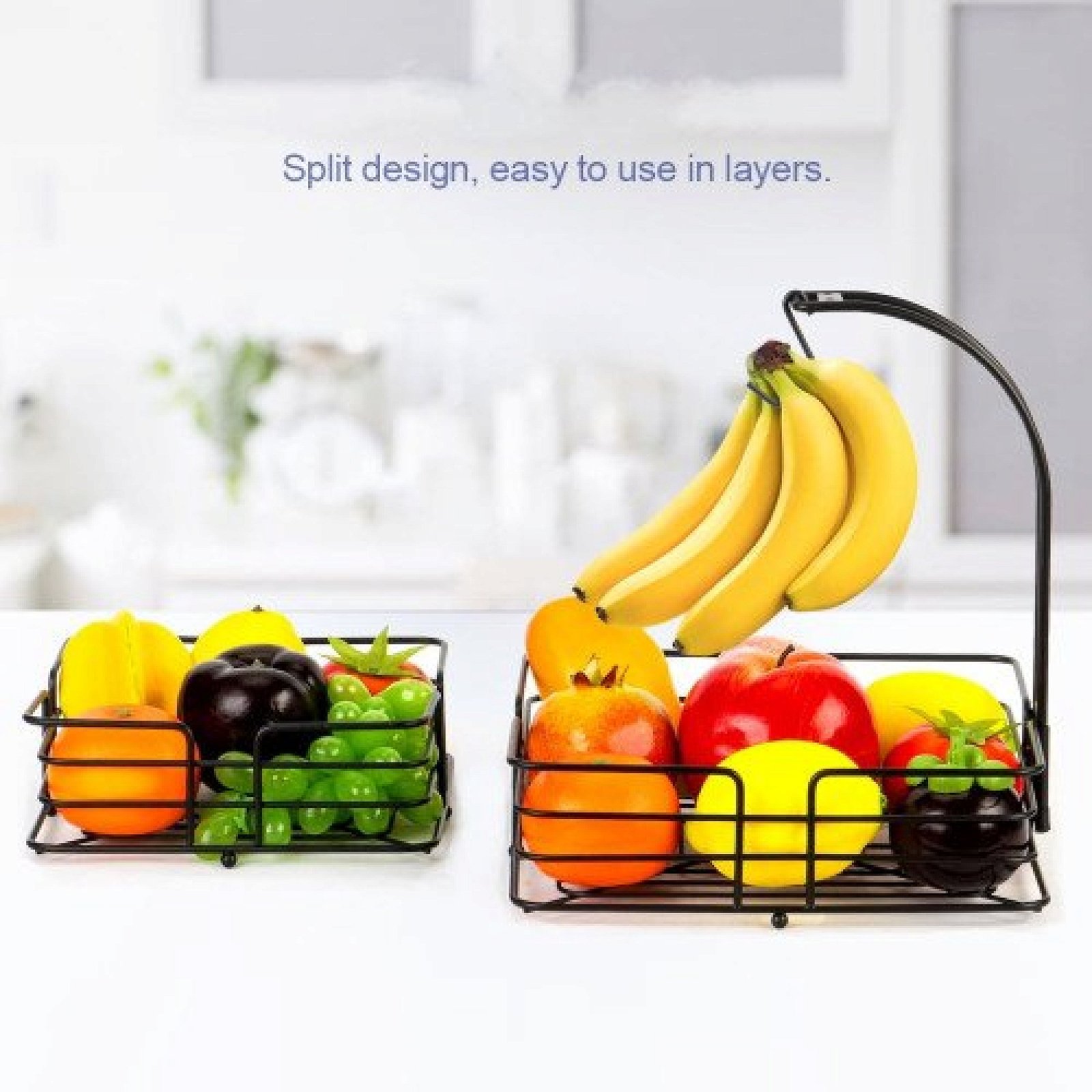 2-Tier Square Fruit Basket | Countertop Detachable Fruit Vegetables Bowl Storage With Banana Hanger