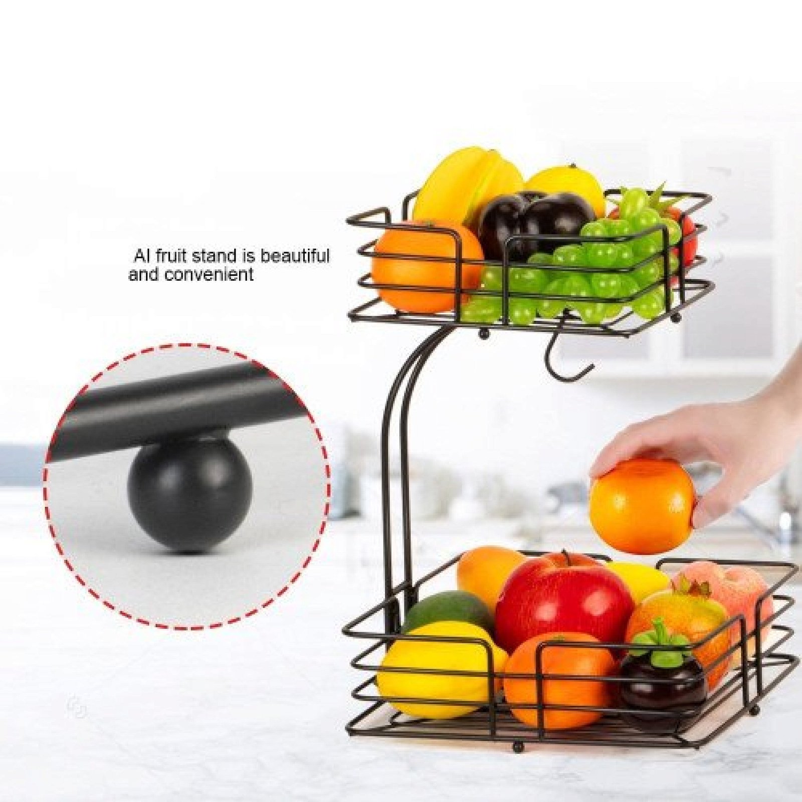 2-Tier Square Fruit Basket | Countertop Detachable Fruit Vegetables Bowl Storage With Banana Hanger