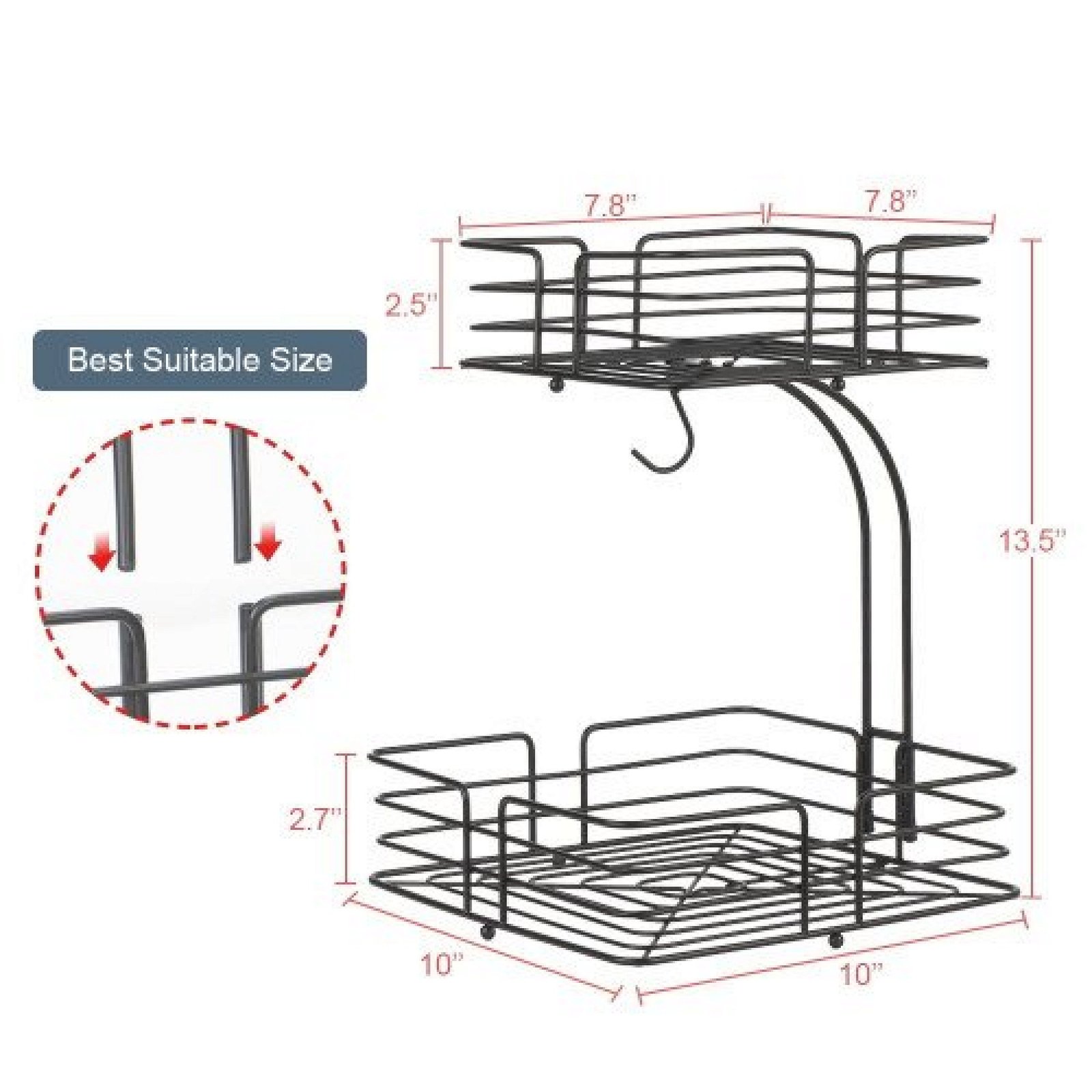 2-Tier Square Fruit Basket | Countertop Detachable Fruit Vegetables Bowl Storage With Banana Hanger