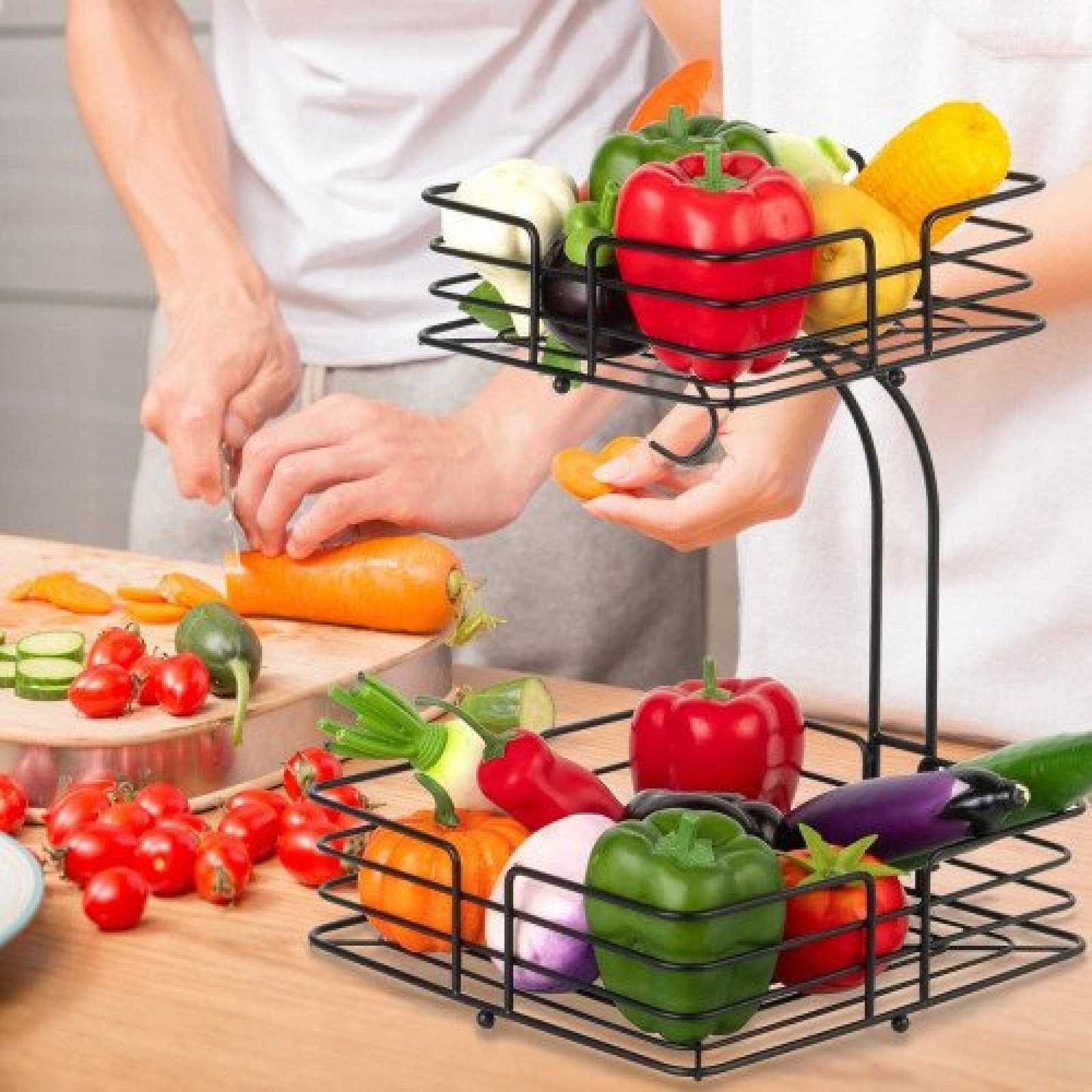 2-Tier Square Fruit Basket | Countertop Detachable Fruit Vegetables Bowl Storage With Banana Hanger