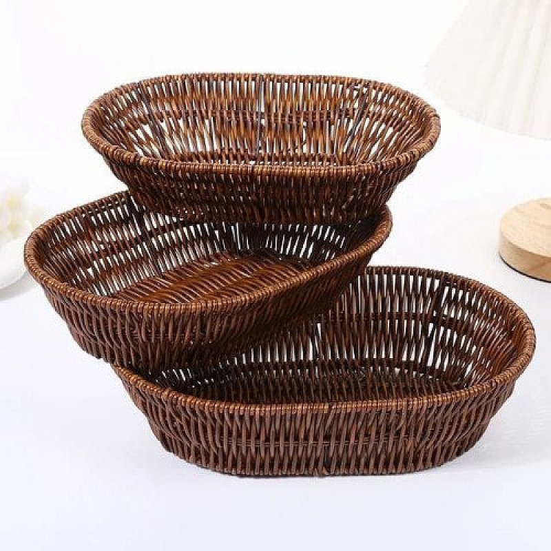 3 Pcs Handwoven Oval Rattan Wicker Basket Fruit Tea Snack Bread Picnic Tray Snacks Storage Box Kitchen Supplies Basket Fruit Tray