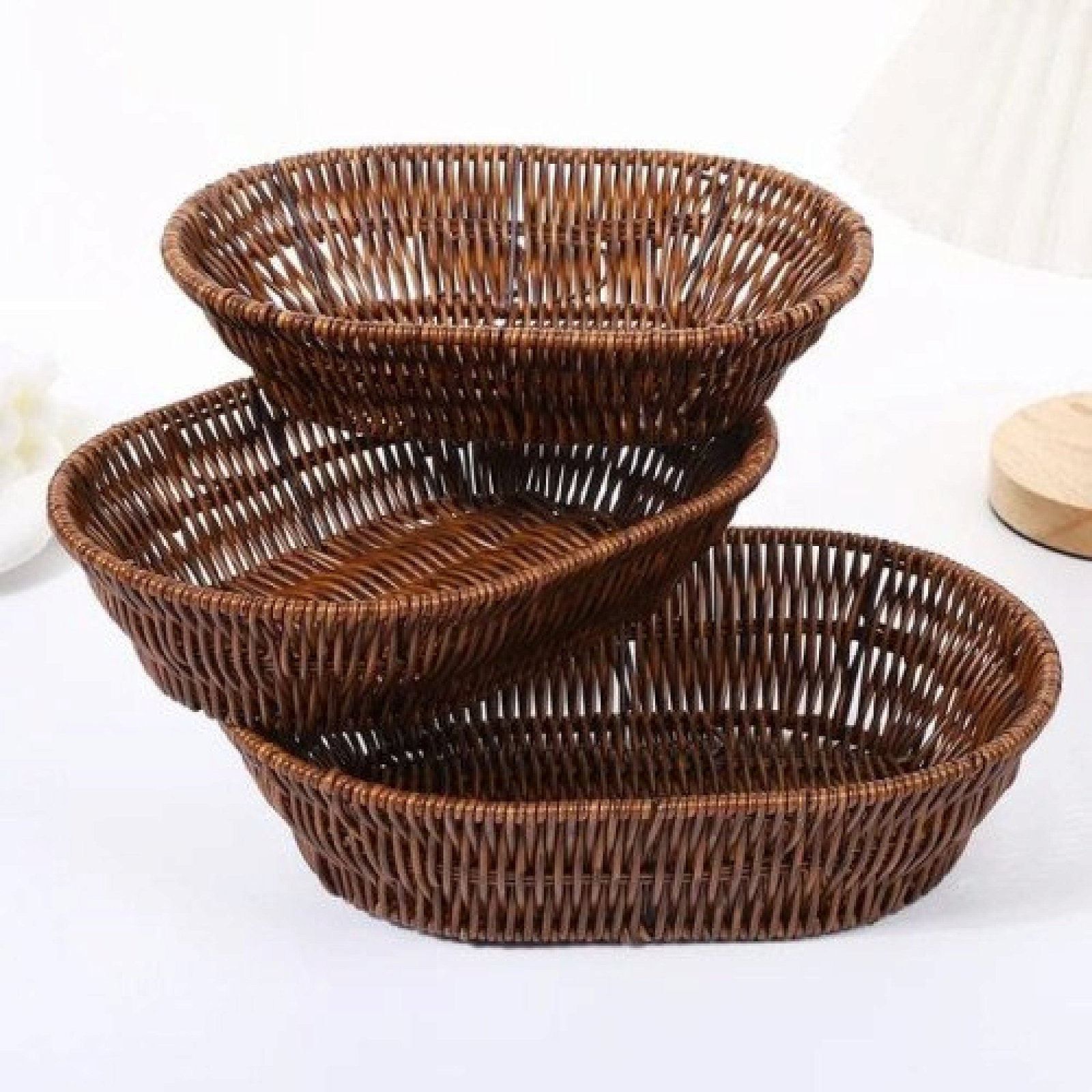 3 Pcs Handwoven Oval Rattan Wicker Basket Fruit Tea Snack Bread Picnic Tray Snacks Storage Box Kitchen Supplies Basket Fruit Tray
