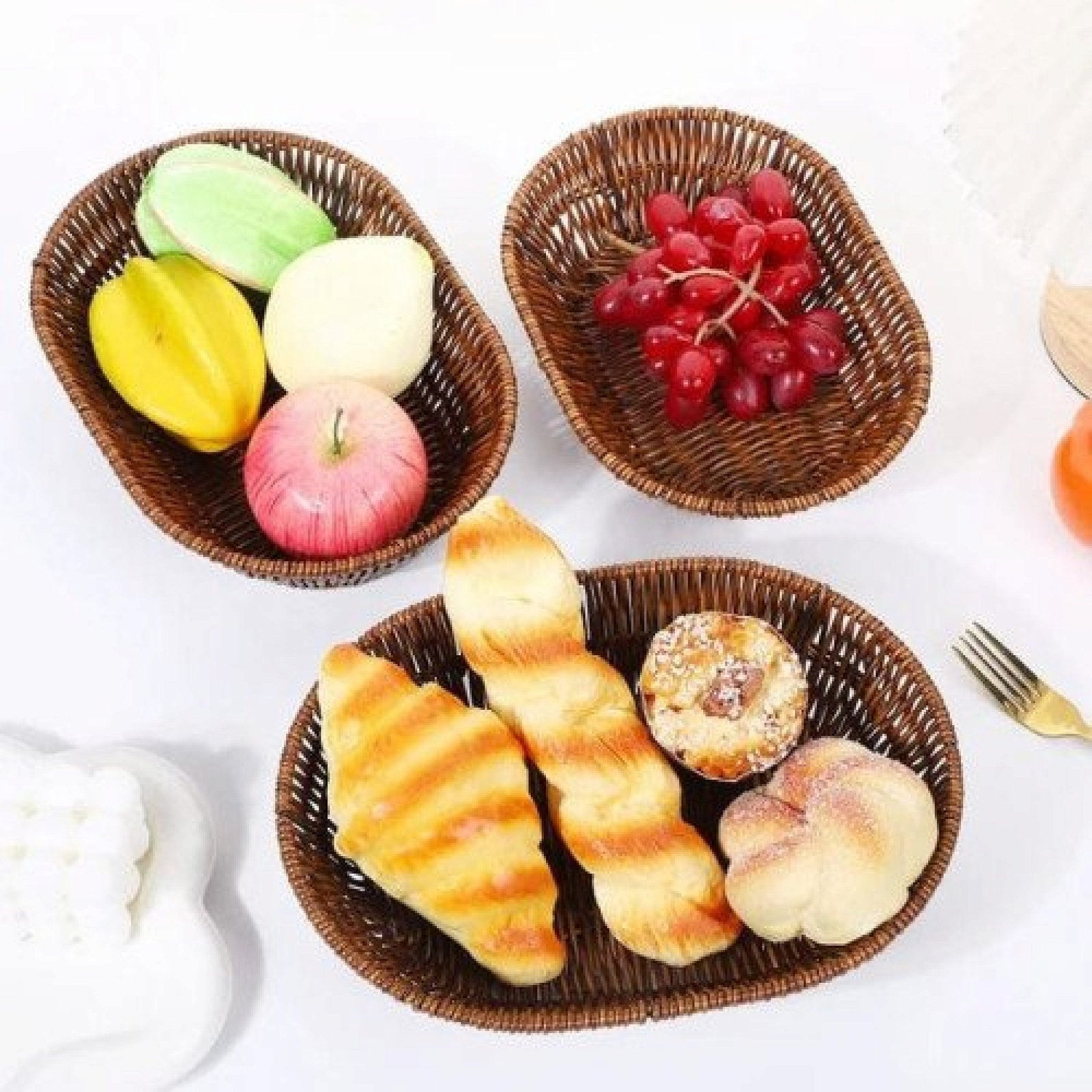 3 Pcs Handwoven Oval Rattan Wicker Basket Fruit Tea Snack Bread Picnic Tray Snacks Storage Box Kitchen Supplies Basket Fruit Tray
