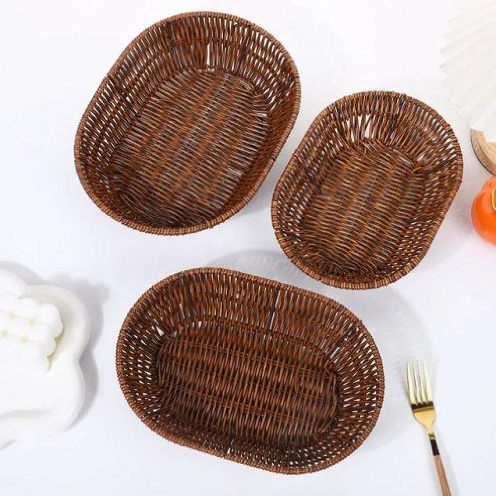 3 Pcs Handwoven Oval Rattan Wicker Basket Fruit Tea Snack Bread Picnic Tray Snacks Storage Box Kitchen Supplies Basket Fruit Tray