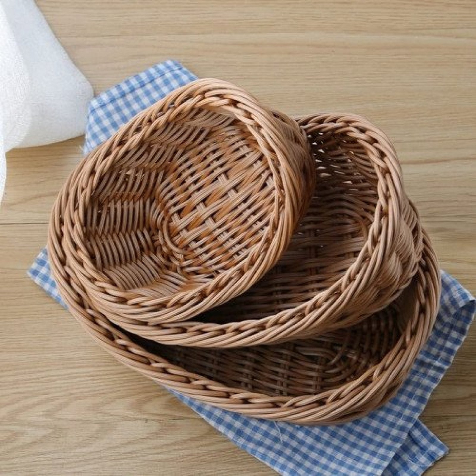 3Pcs Oval Curved Rattan Wicker Woven Serving Baskets for Bread Fruit Vegetables Restaurant Serving Tabletop Display Rattan Basket