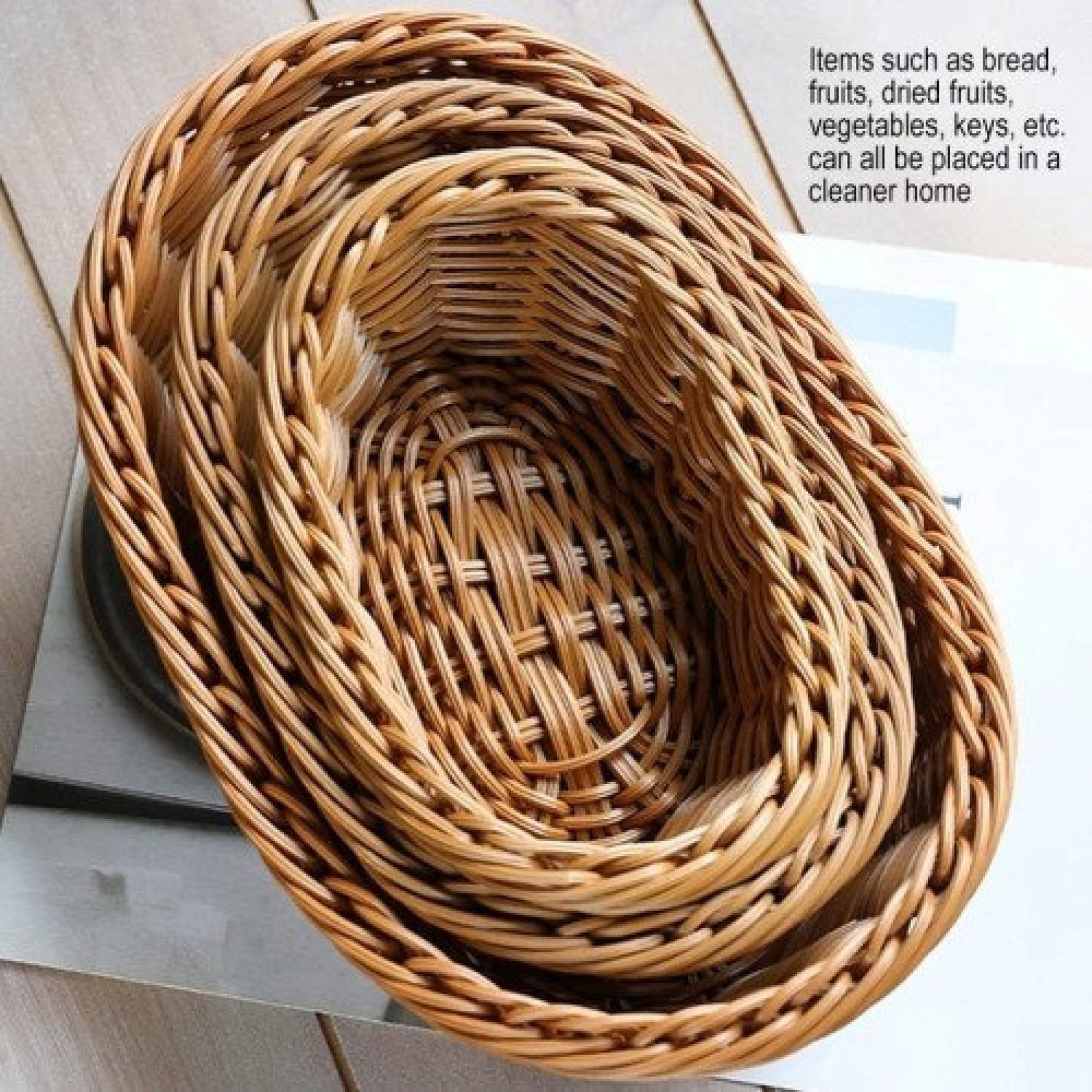 3Pcs Oval Curved Rattan Wicker Woven Serving Baskets for Bread Fruit Vegetables Restaurant Serving Tabletop Display Rattan Basket