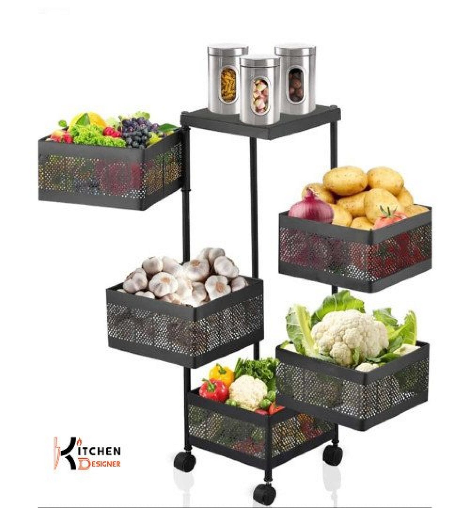 5 Tier Square Vegetable & Fruit Organizer Basket 360-Degree Rotating Moveable Rack for Kitchen Storage Baskets