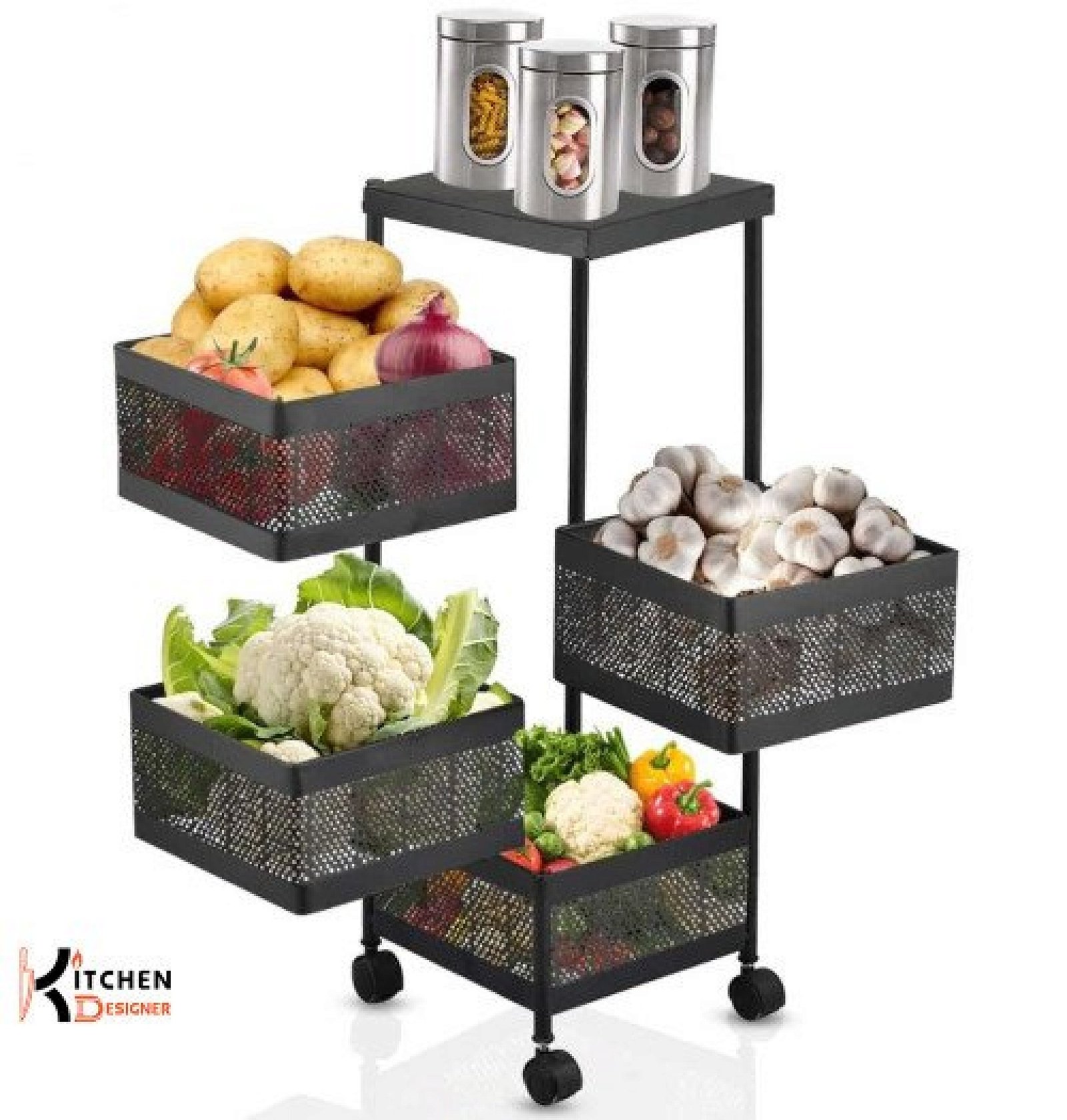 4 Tier Square Vegetable & Fruit Organizer Basket 360-Degree Rotating Moveable Rack for Kitchen Storage Baskets