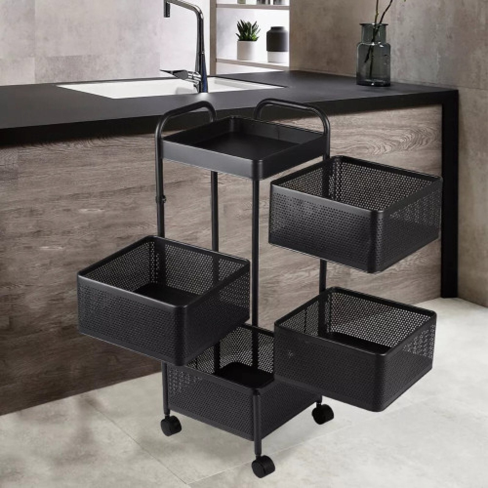 4 Tier Square Vegetable & Fruit Organizer Basket 360-Degree Rotating Moveable Rack for Kitchen Storage Baskets