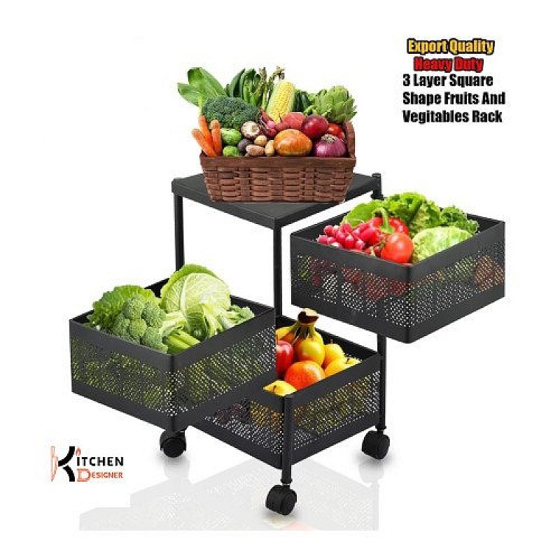 3 Tier Square Vegetable & Fruit Organizer Basket 360-Degree Rotating Moveable Rack for Kitchen Storage Baskets