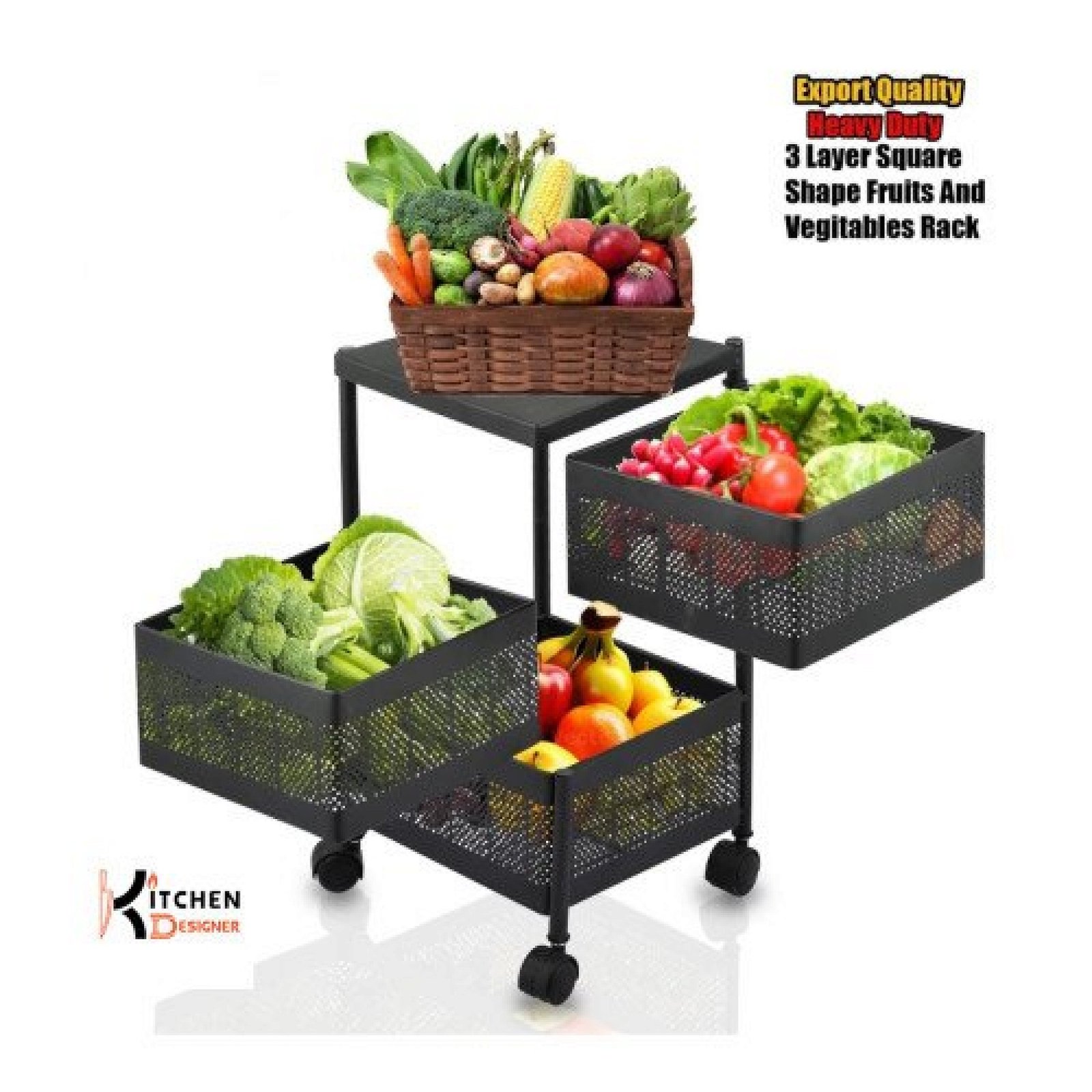 3 Tier Square Vegetable & Fruit Organizer Basket 360-Degree Rotating Moveable Rack for Kitchen Storage Baskets