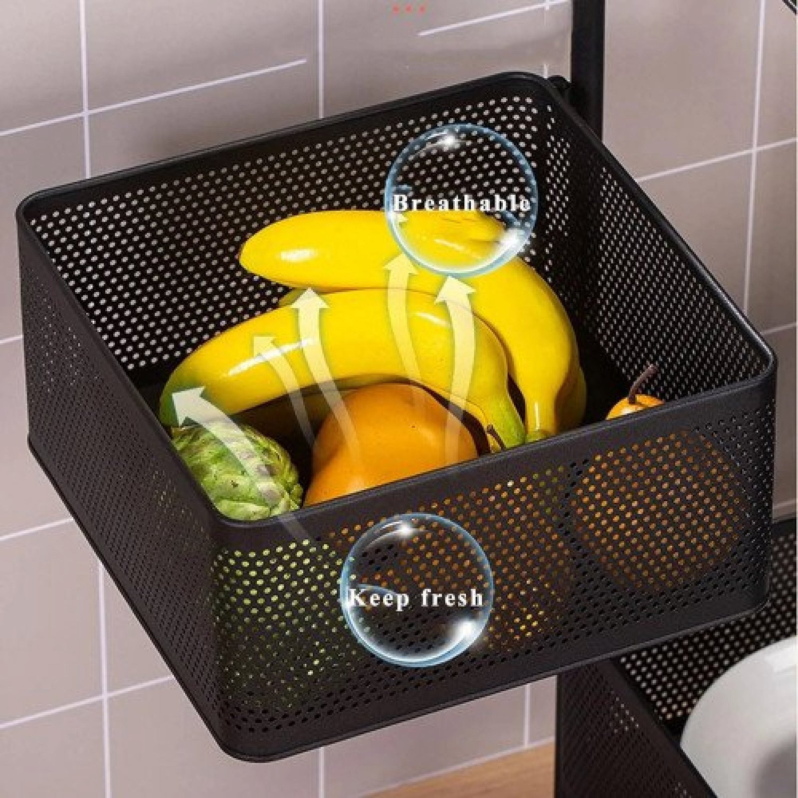 3 Tier Square Vegetable & Fruit Organizer Basket 360-Degree Rotating Moveable Rack for Kitchen Storage Baskets