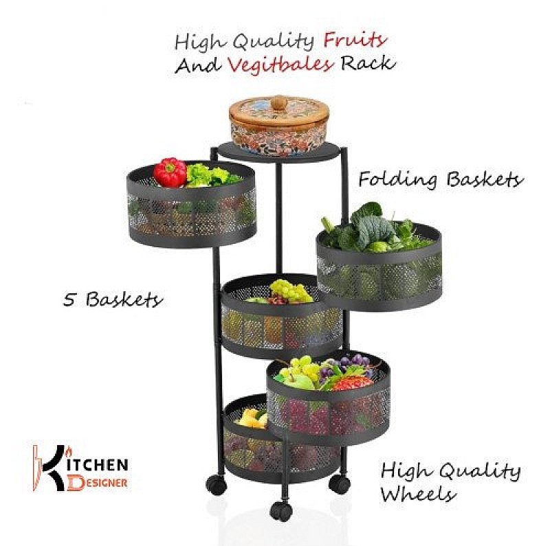 5 Tier Round Basket 360-Degree Rotating Moveable Vegetable & Fruit Organizer Rack for Kitchen Storage Baskets