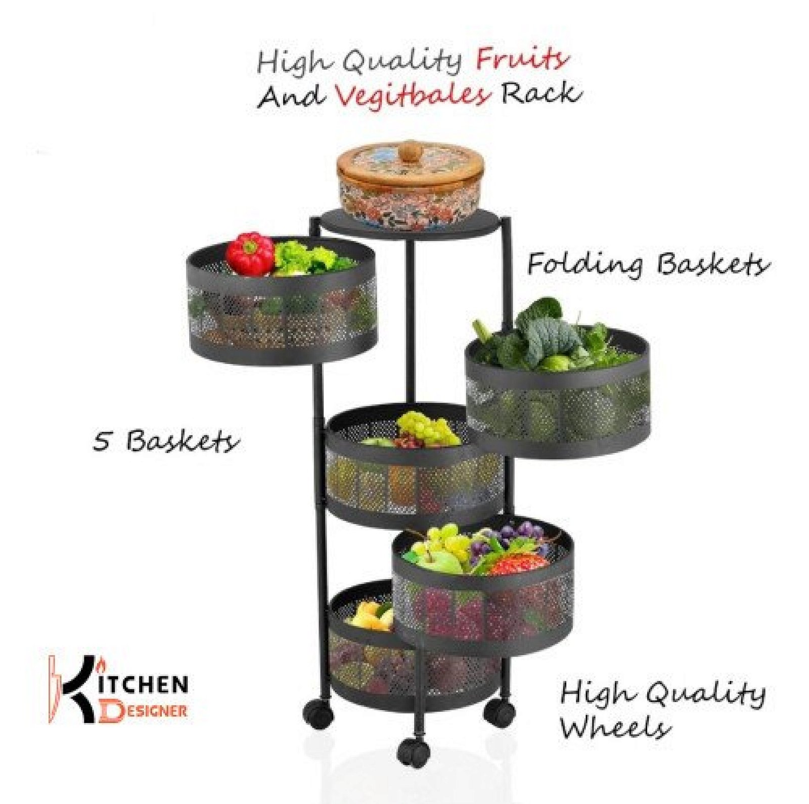 5 Tier Round Basket 360-Degree Rotating Moveable Vegetable & Fruit Organizer Rack for Kitchen Storage Baskets
