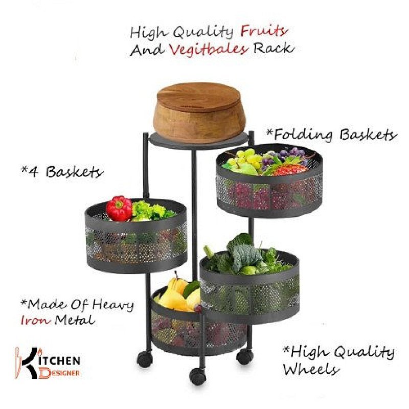 4 Tier Round Basket 360-Degree Rotating Moveable Vegetable & Fruit Organizer Rack for Kitchen Storage Baskets
