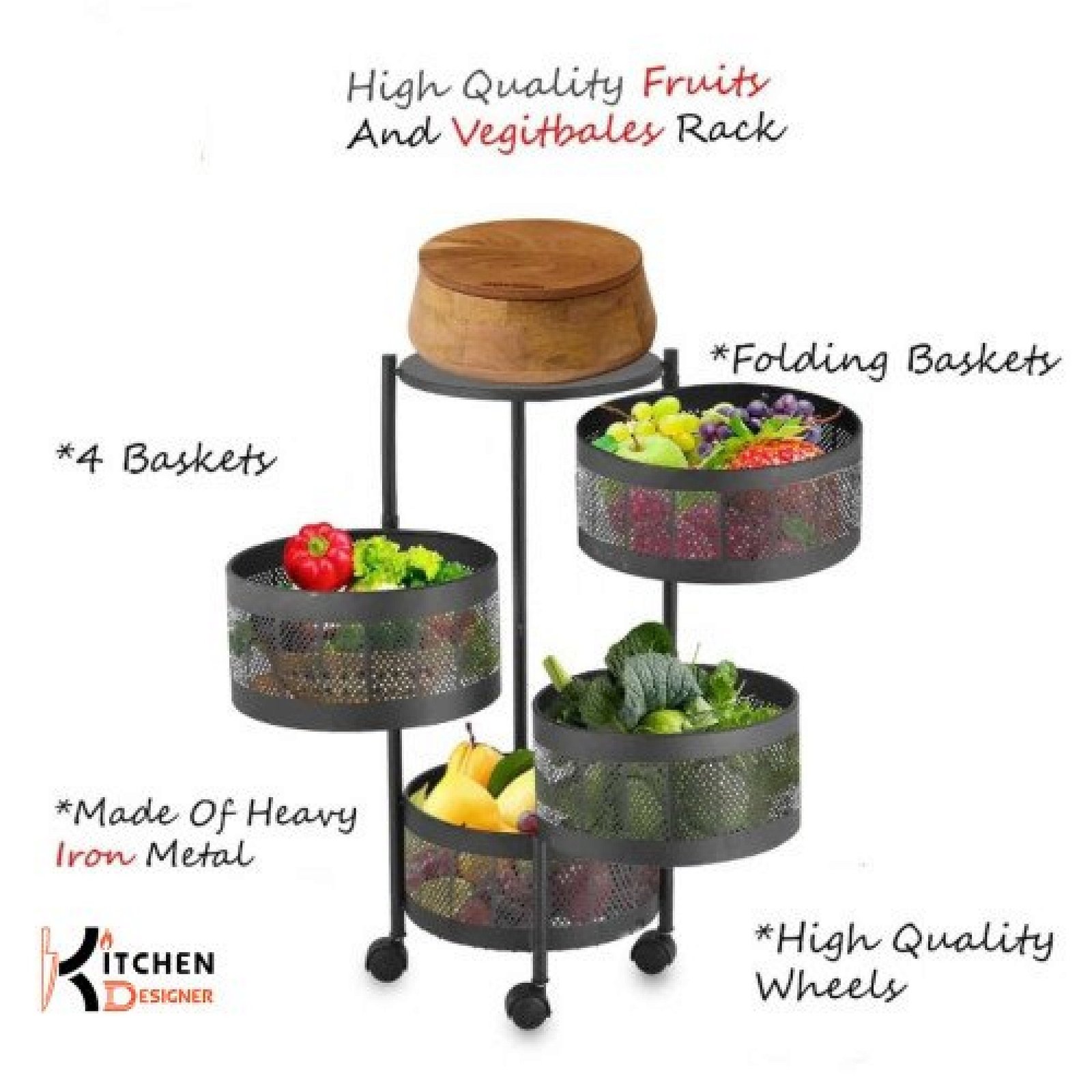 4 Tier Round Basket 360-Degree Rotating Moveable Vegetable & Fruit Organizer Rack for Kitchen Storage Baskets