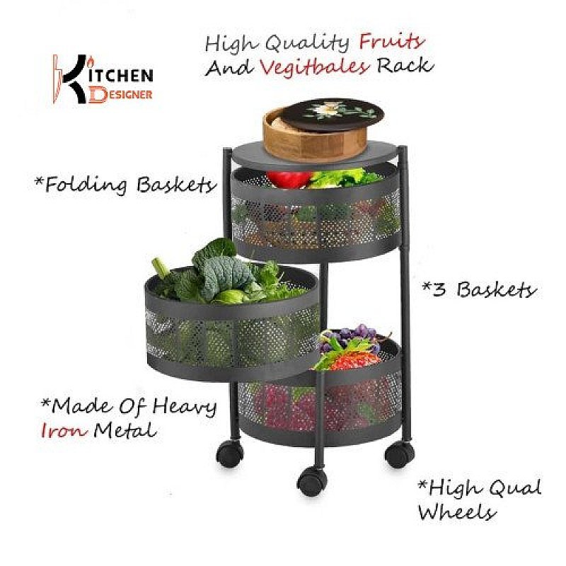 3 Tier Round Basket 360-Degree Rotating Moveable Vegetable & Fruit Organizer Rack for Kitchen Storage Baskets