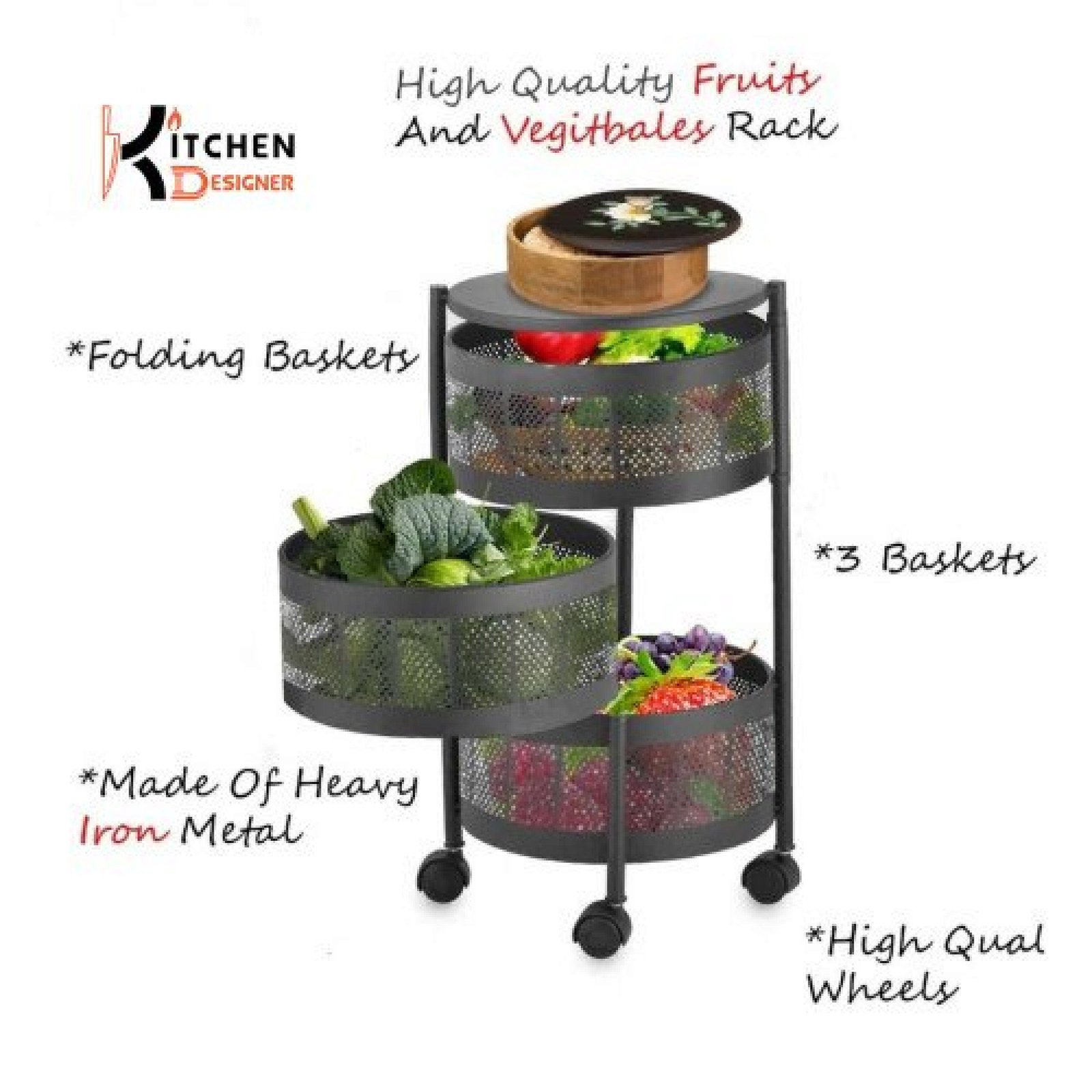 3 Tier Round Basket 360-Degree Rotating Moveable Vegetable & Fruit Organizer Rack for Kitchen Storage Baskets