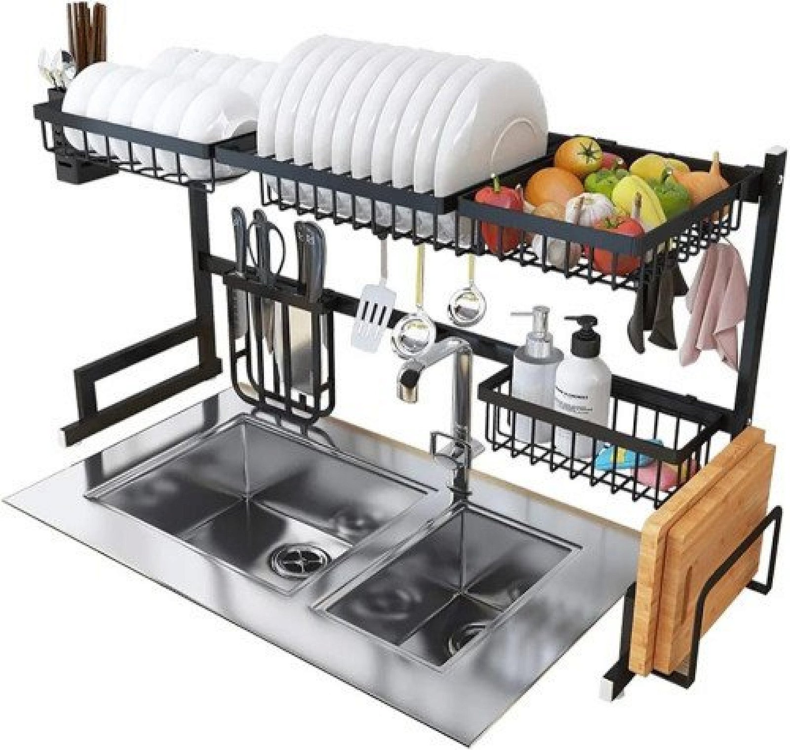 Over The Sink Dish Drying Rack with Fruit Basket Kitchen Counter Bowl Fork Cup Spoon Dish Drainer Dishrack Matte Black