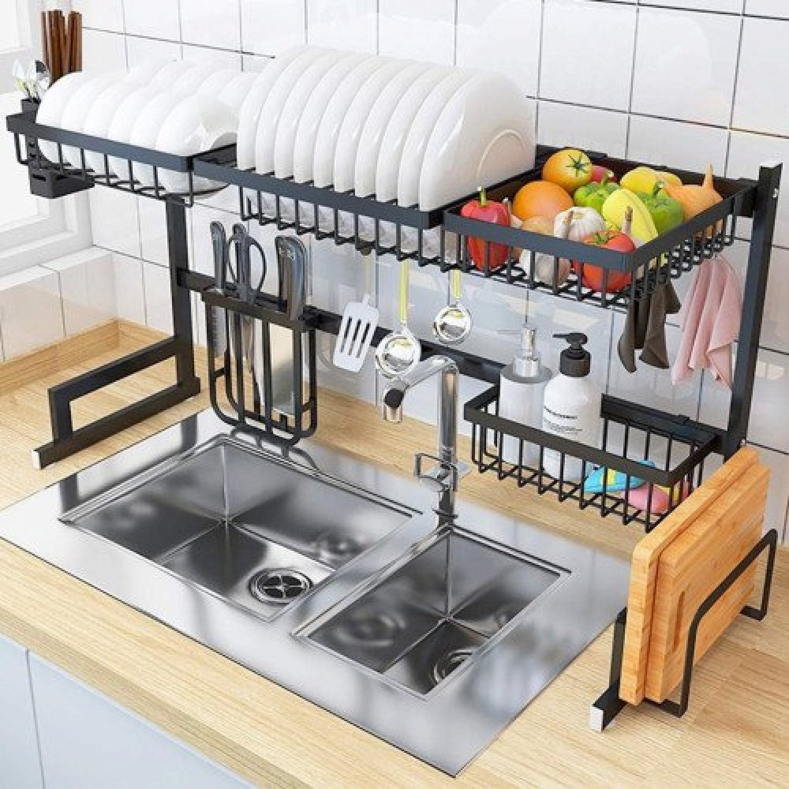 Over The Sink Dish Drying Rack with Fruit Basket Kitchen Counter Bowl Fork Cup Spoon Dish Drainer Dishrack Matte Black