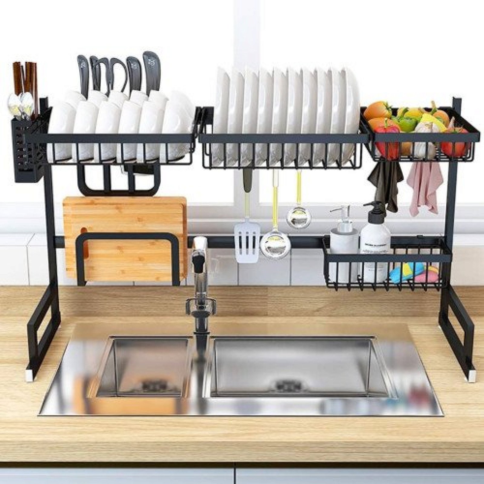 Over The Sink Dish Drying Rack with Fruit Basket Kitchen Counter Bowl Fork Cup Spoon Dish Drainer Dishrack Matte Black