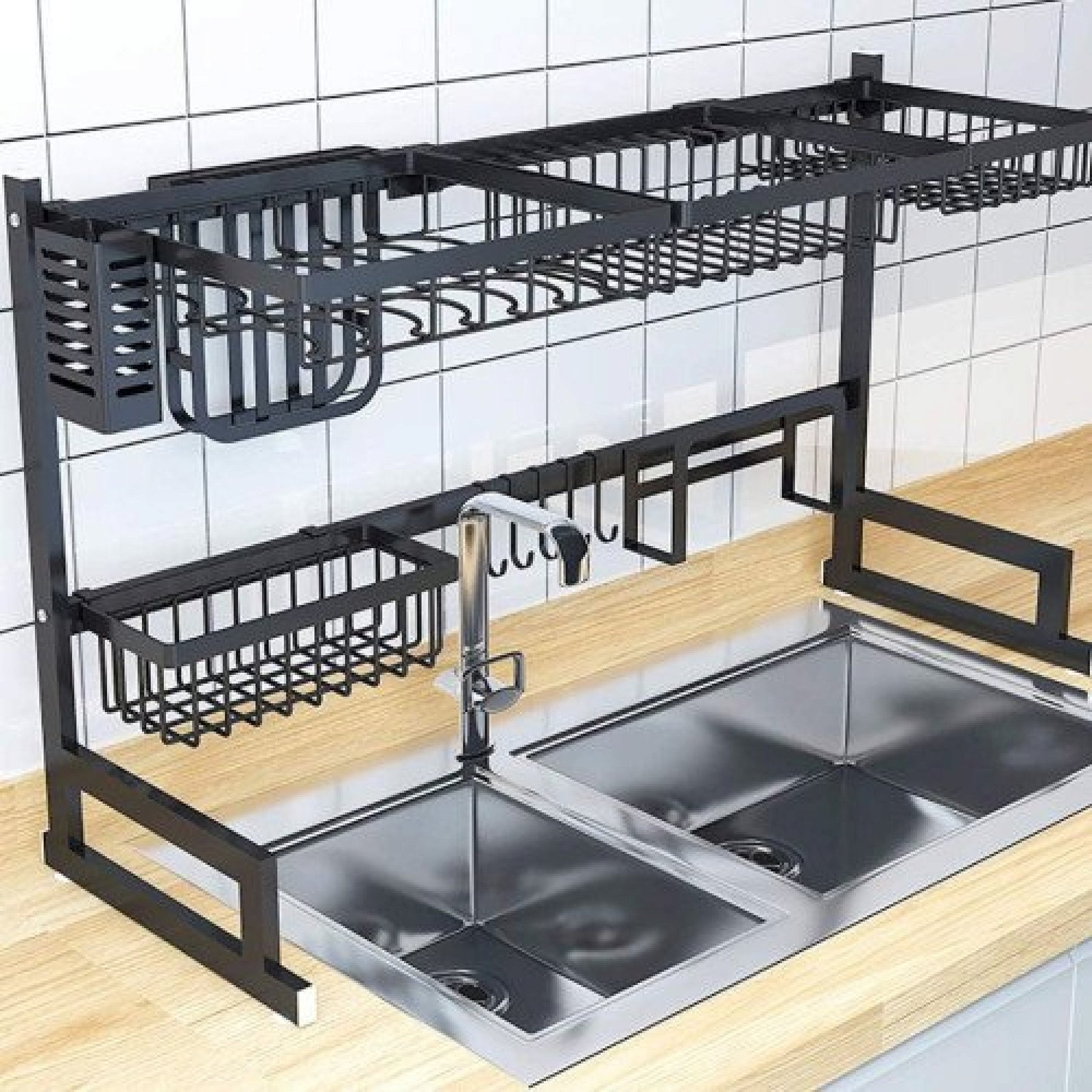 Over The Sink Dish Drying Rack with Fruit Basket Kitchen Counter Bowl Fork Cup Spoon Dish Drainer Dishrack Matte Black