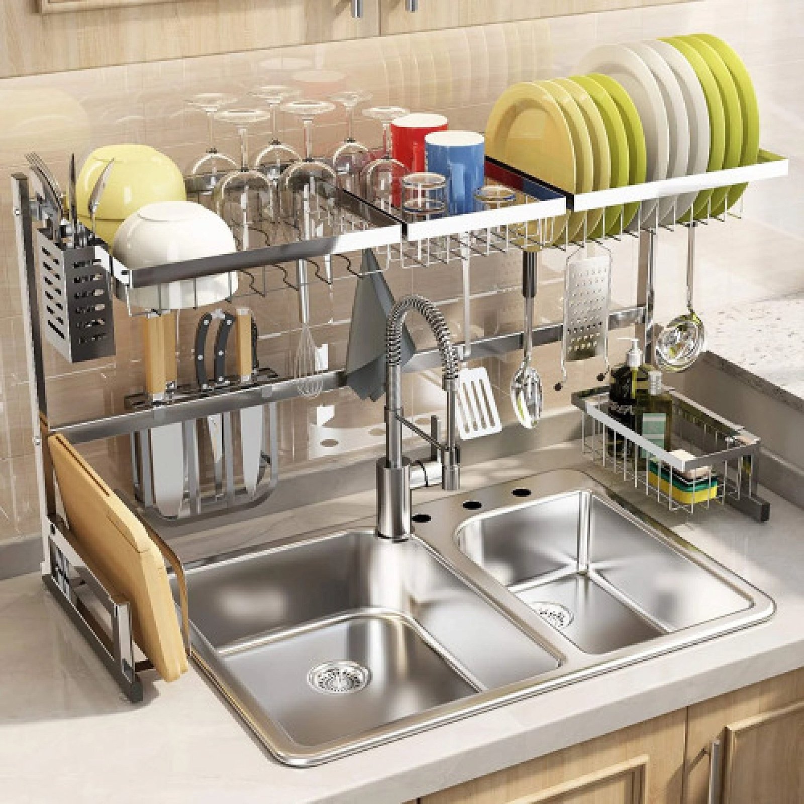 Over The Sink Dish Drying Rack with Fruit Basket Kitchen Counter Bowl Fork Cup Spoon Dish Drainer Dishrack Silver