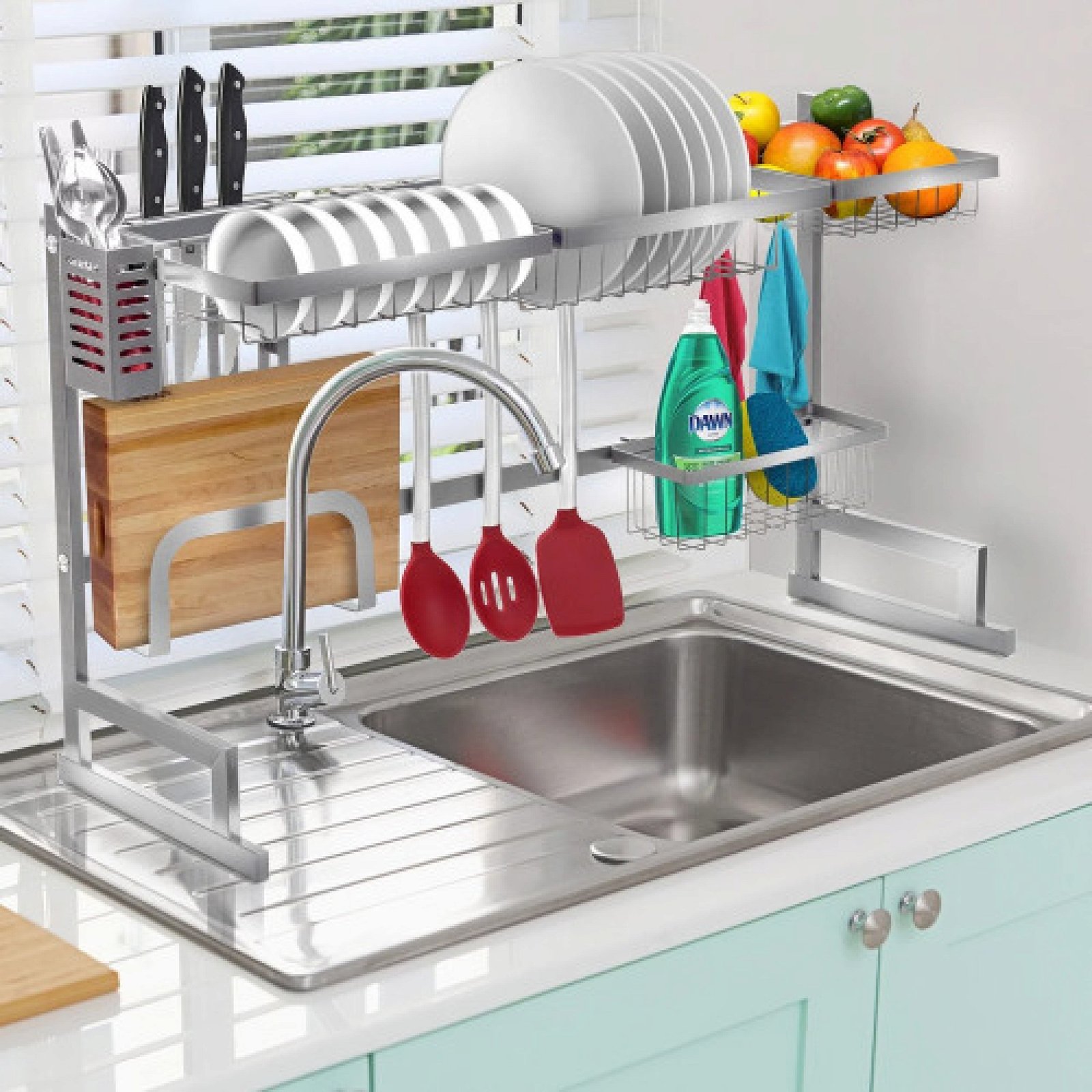 Over The Sink Dish Drying Rack with Fruit Basket Kitchen Counter Bowl Fork Cup Spoon Dish Drainer Dishrack Silver