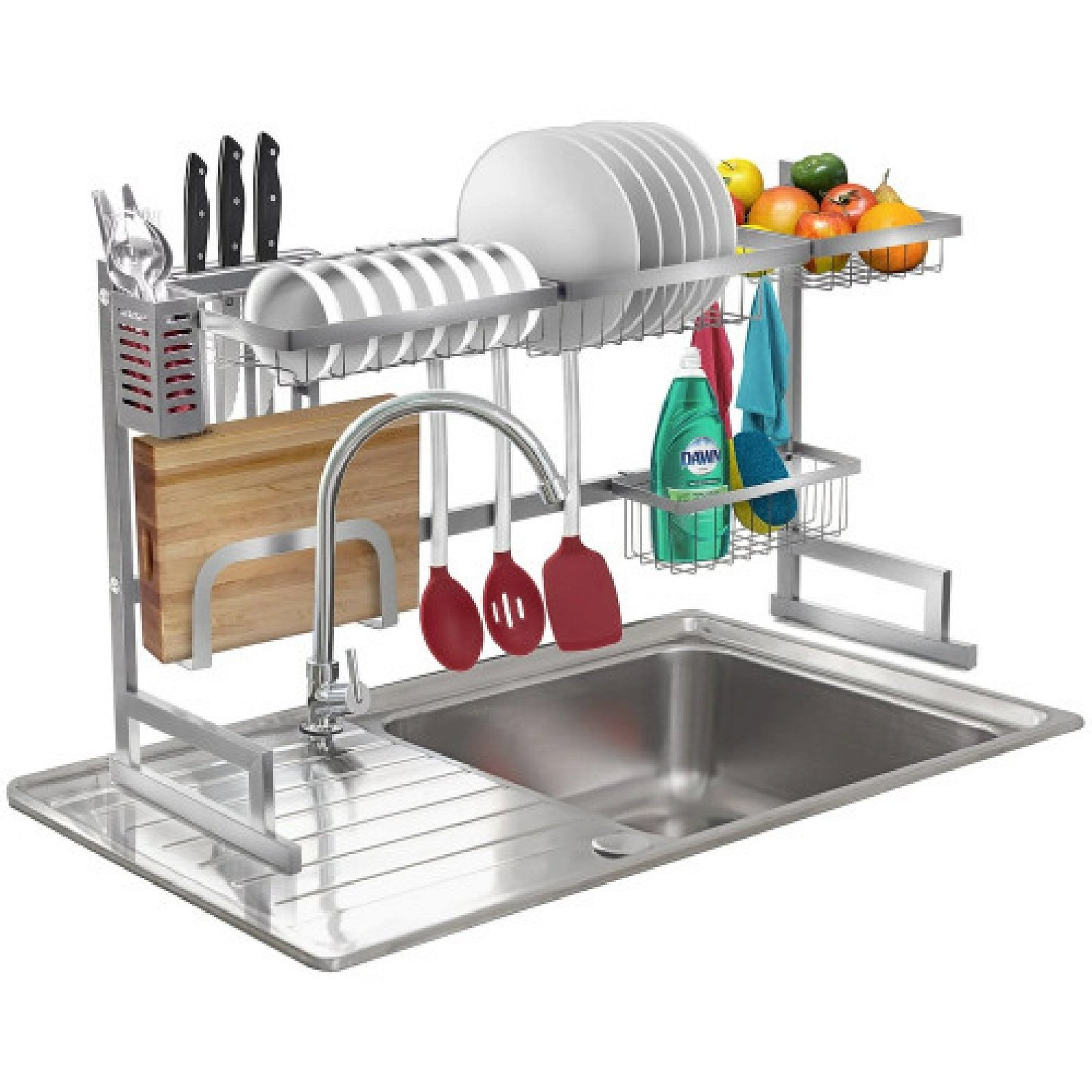 Over The Sink Dish Drying Rack with Fruit Basket Kitchen Counter Bowl Fork Cup Spoon Dish Drainer Dishrack Silver
