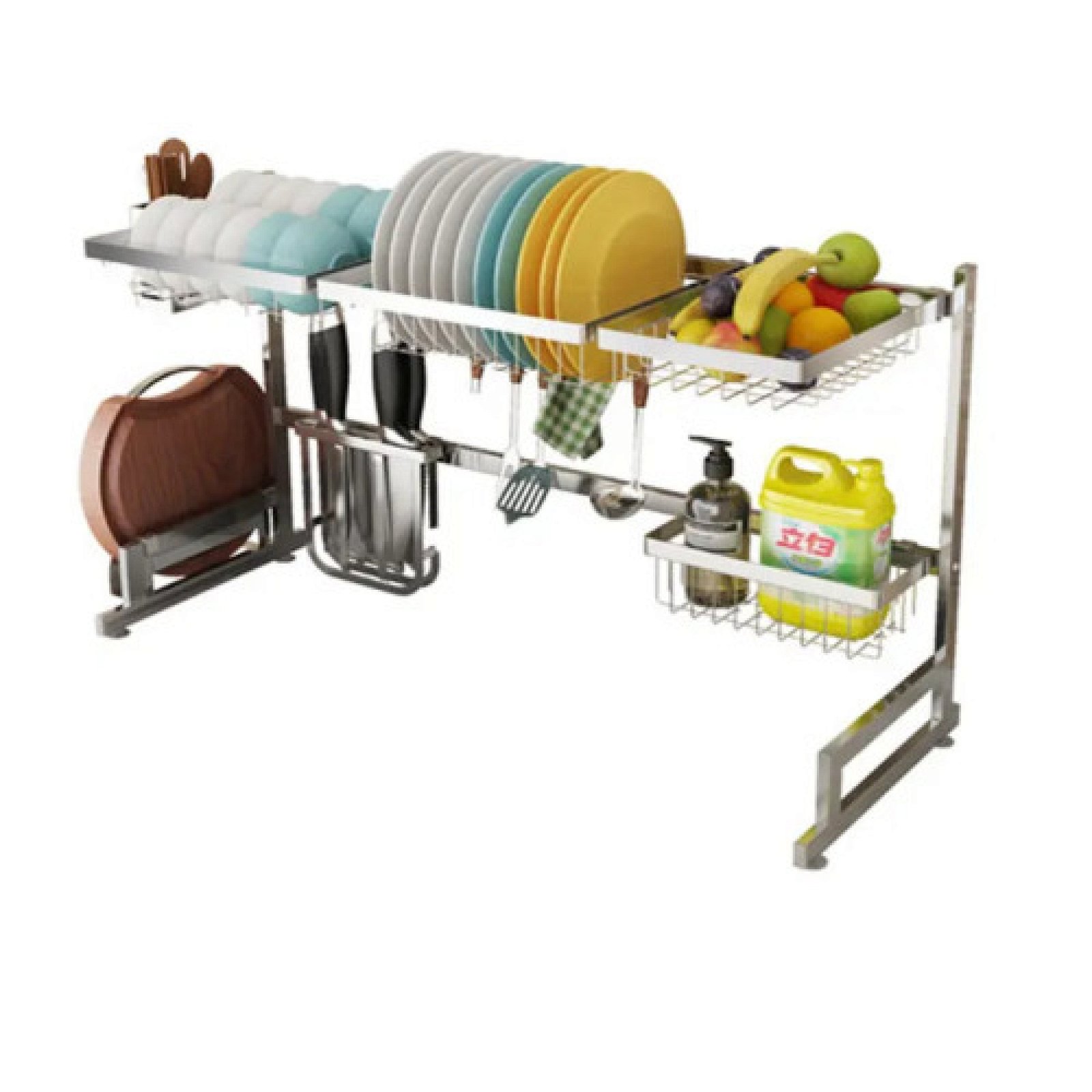 Over The Sink Dish Drying Rack with Fruit Basket Kitchen Counter Bowl Fork Cup Spoon Dish Drainer Dishrack Silver