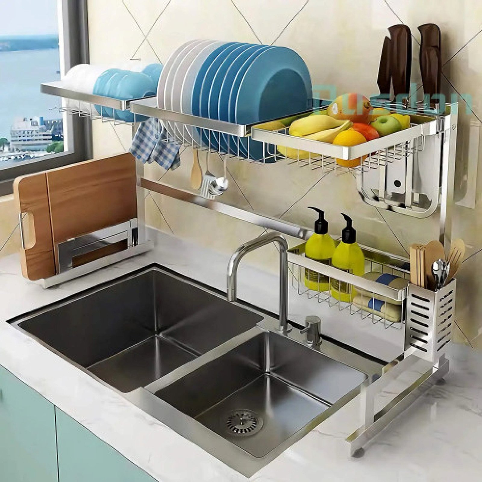 Over The Sink Dish Drying Rack with Fruit Basket Kitchen Counter Bowl Fork Cup Spoon Dish Drainer Dishrack Silver