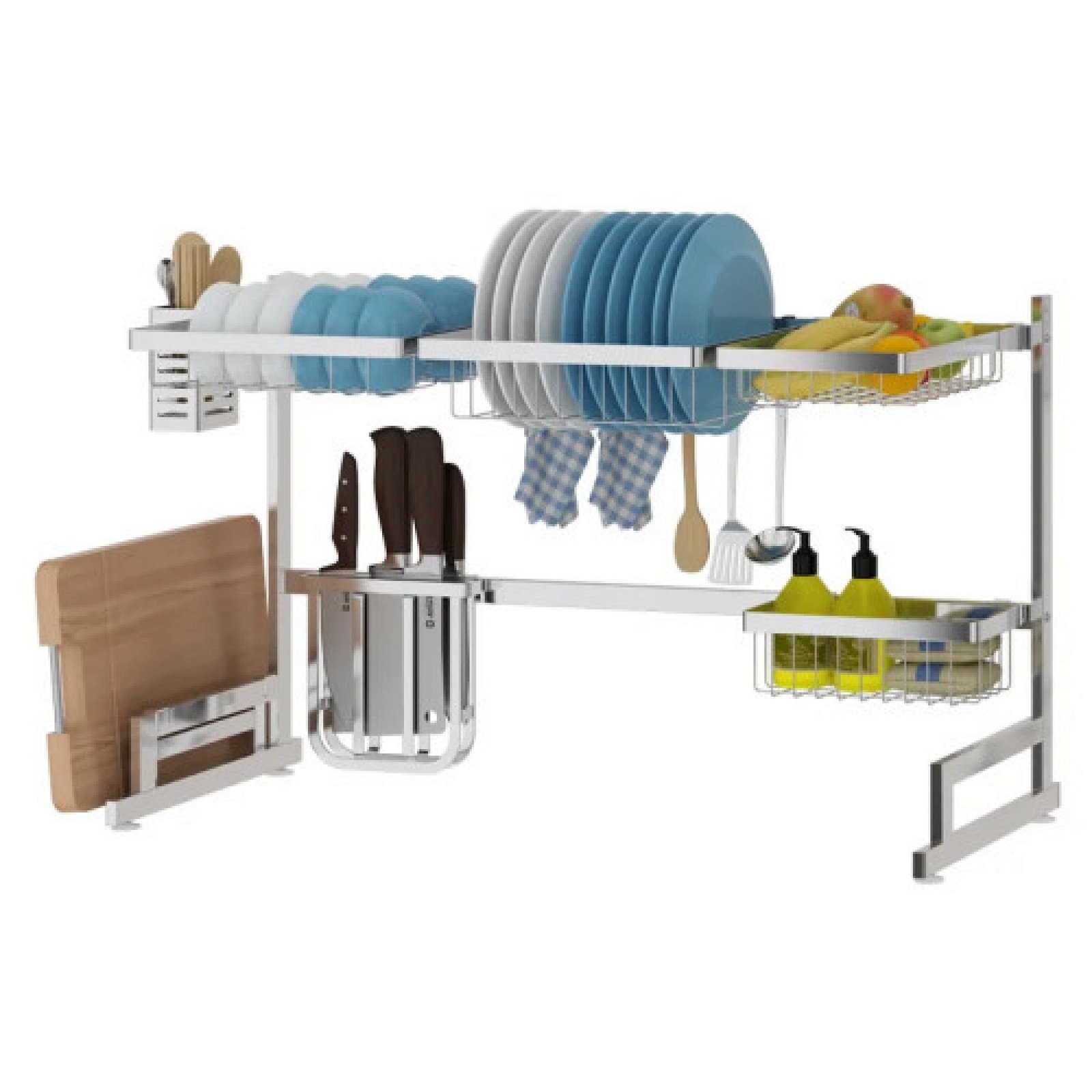 Over The Sink Dish Drying Rack with Fruit Basket Kitchen Counter Bowl Fork Cup Spoon Dish Drainer Dishrack Silver