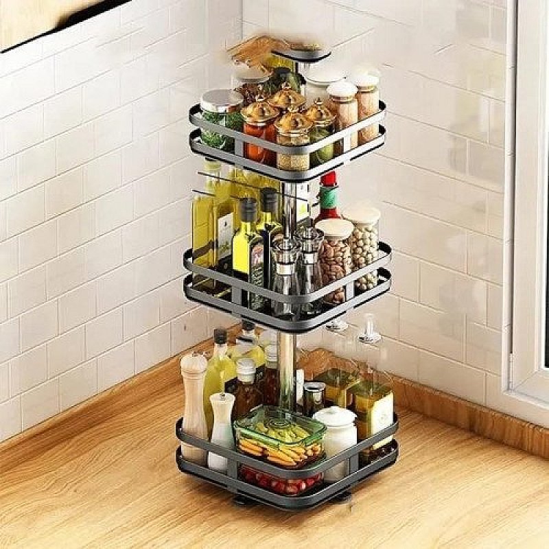 360° Rotating Square Metal Kitchen Organizer Multi-Purpose Storage Rack 3 Tier