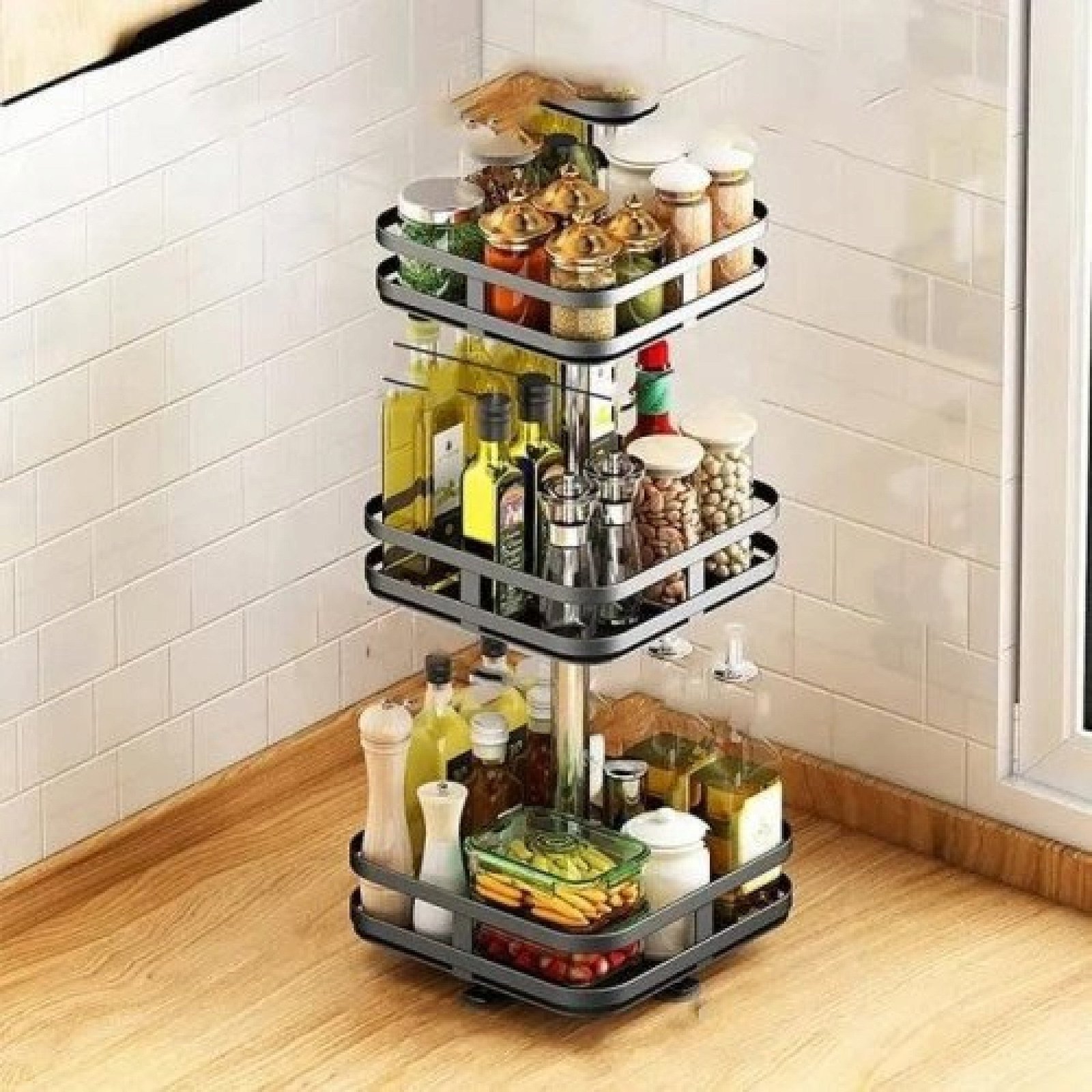 360° Rotating Square Metal Kitchen Organizer Multi-Purpose Storage Rack 3 Tier
