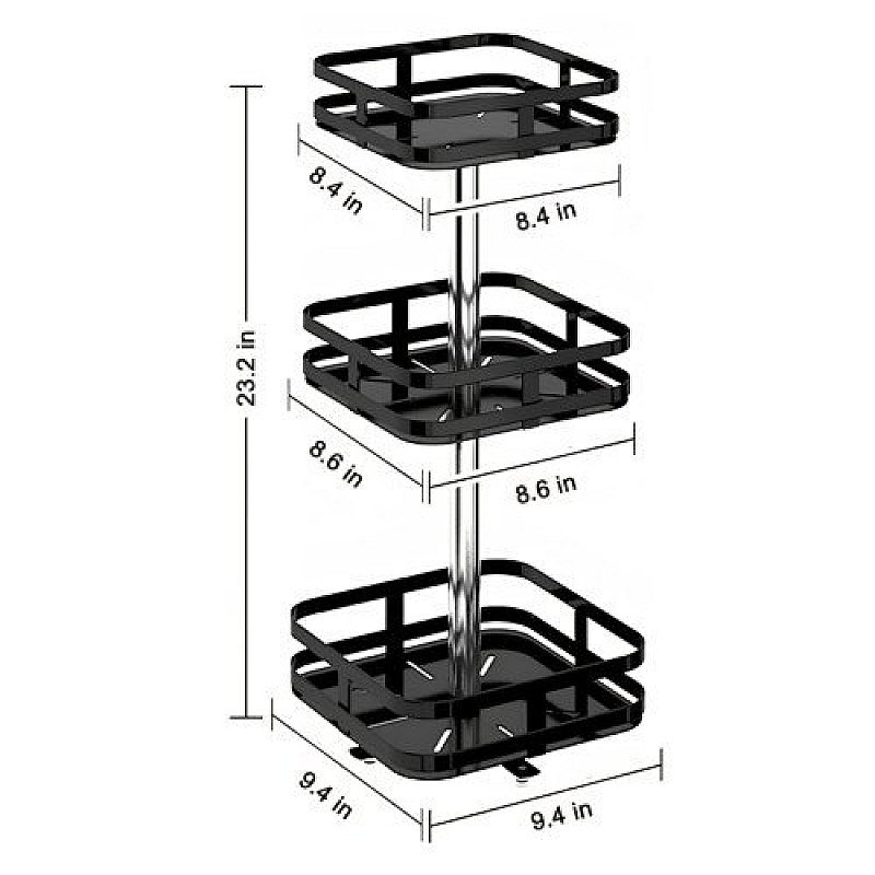 360° Rotating Square Metal Kitchen Organizer Multi-Purpose Storage Rack 3 Tier