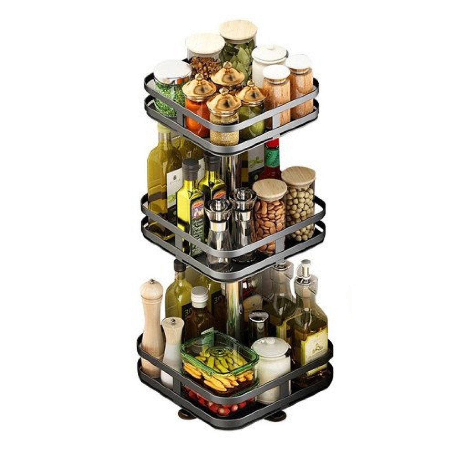 360° Rotating Square Metal Kitchen Organizer Multi-Purpose Storage Rack 3 Tier