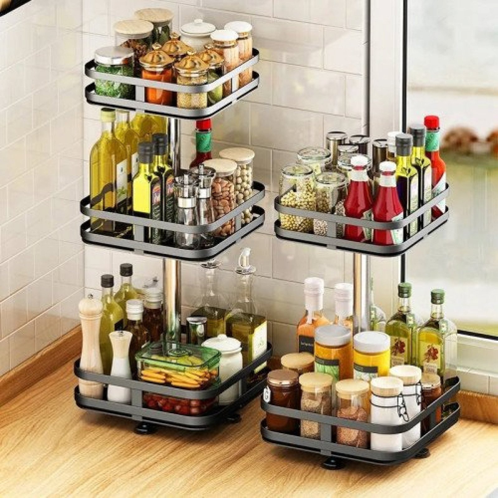 360° Rotating Square Metal Kitchen Organizer Multi-Purpose Storage Rack 3 Tier