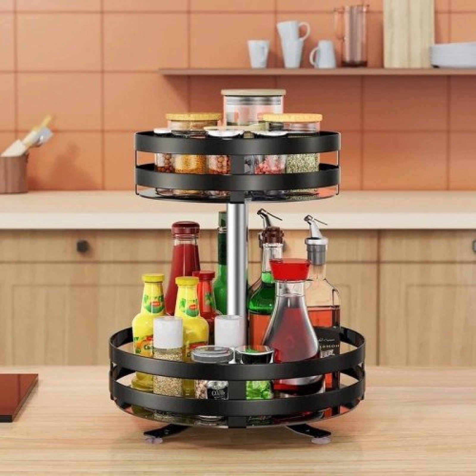 360° Rotating Round Metal Kitchen Organizer Multi-Purpose Storage Rack 2 Tier