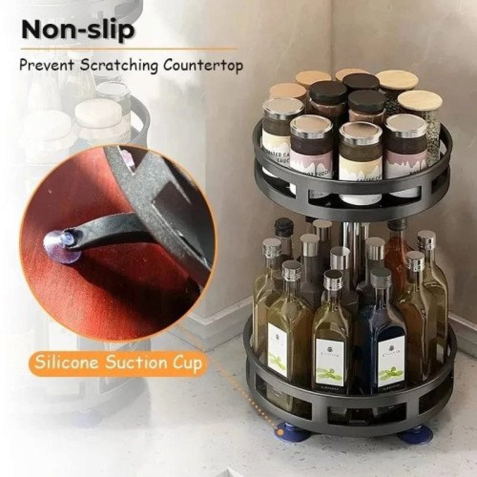 360° Rotating Round Metal Kitchen Organizer Multi-Purpose Storage Rack 2 Tier