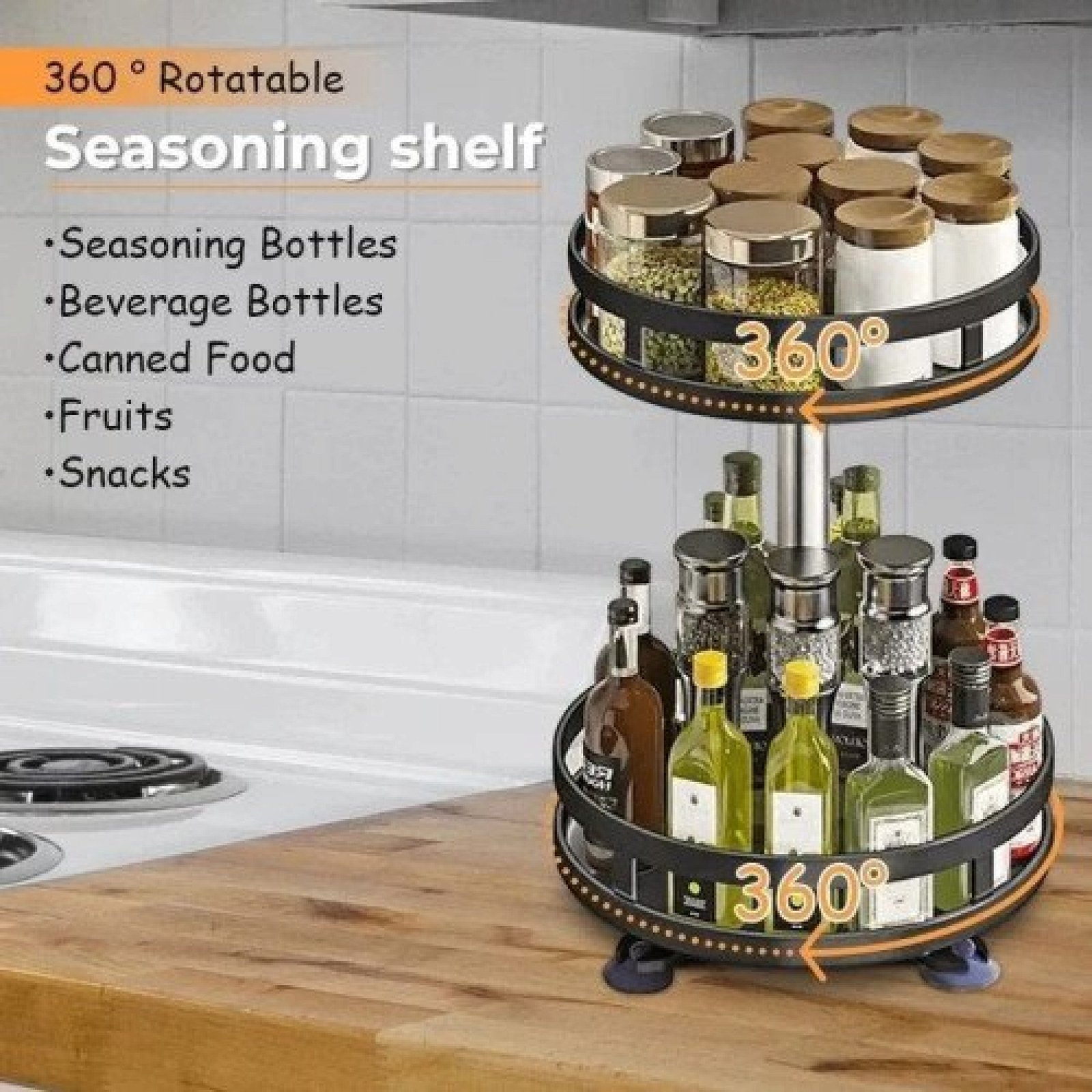 360° Rotating Round Metal Kitchen Organizer Multi-Purpose Storage Rack 2 Tier