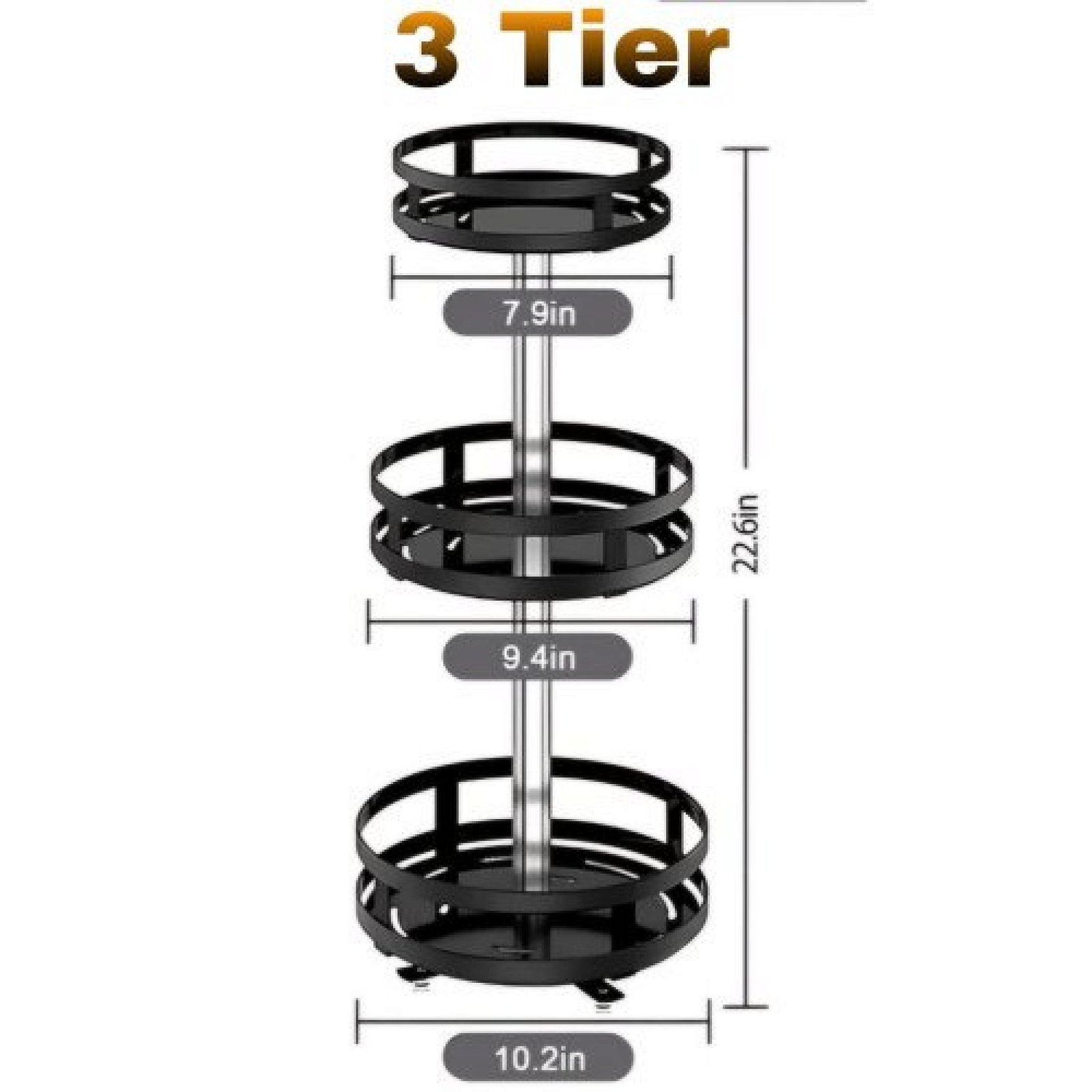 360° Rotating Round Metal Kitchen Organizer Multi-Purpose Storage Rack 3 Tier