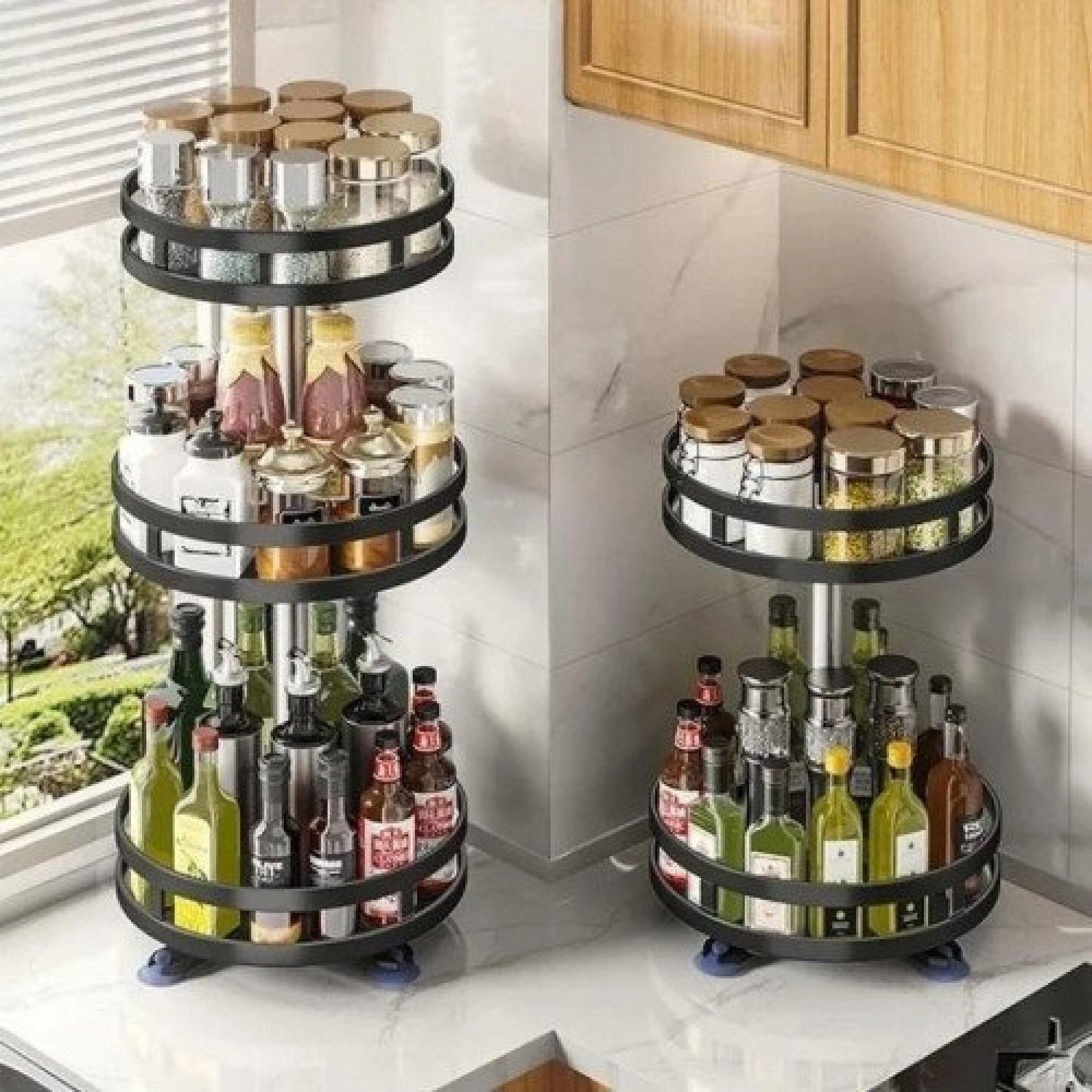 360° Rotating Round Metal Kitchen Organizer Multi-Purpose Storage Rack 3 Tier